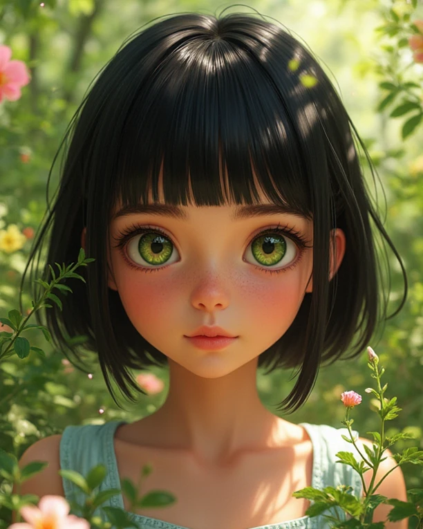 Make a picture of a ,short hair tied white,with green eyes,a rainbow children&#39;s outfit,and a gardener,a cat sock,a sneaker,and do anime style,she is cute,but powerful, do it full body,and anime style 