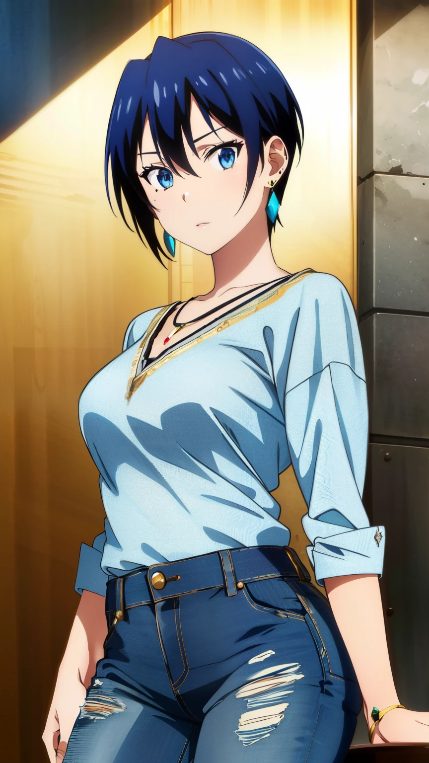 (Top quality, masterpiece, 8k), (Realistic skin texture), anime coloring, Very detailed, very detailed, beautiful eyes, perfect eyes, detailed eyes, feature large highlight, detailed face, ultra-detailed, detailed eyes, symmetrical eyes, (Dynamic angle), Sharp details,1 girl, college age, blue hair, short hair, Blue eyes, medium breasts, (Earrings, Jewelry, Denim Dress, Denim Pants), (cowboy shot:1.2),