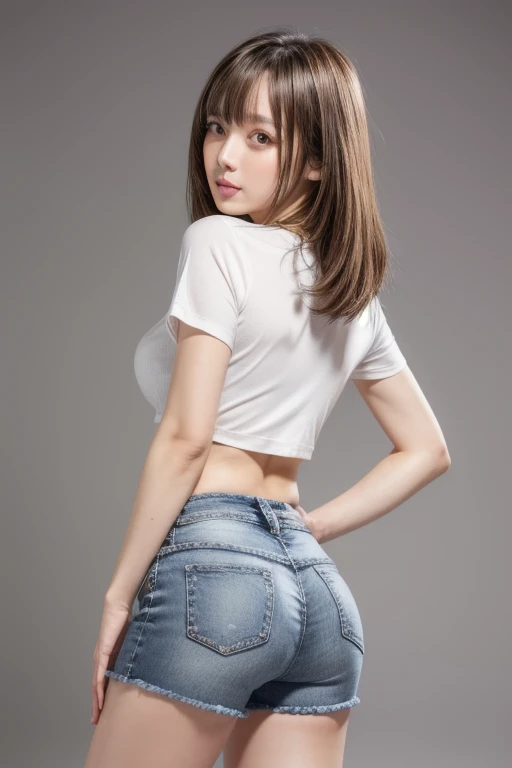 ((8k, highest quality、Best image quality、Ultra-high resolution、Ultra high definition drawings、alone、Look closely at the camera))、1 girl、Realistic、Written boundary depth、Natural soft light、Echiechi, constricted body, 30 years old, Beautiful and exquisite, Short Bob Hair, Light Hair Color, highest quality, masterpiece, Watery eye, Great pose, Brown eyes, smile, Perfect Fingers、Perfect hands、Perfect body、Perfect Face, Perfect Anatomy, Glossy lips, Natural Makeup, Small Ass, Professional Lighting, Cowboy Shot, Simple Background, From above, Bright room, T-Shirts, Shorts, Self Snap,Simple Background