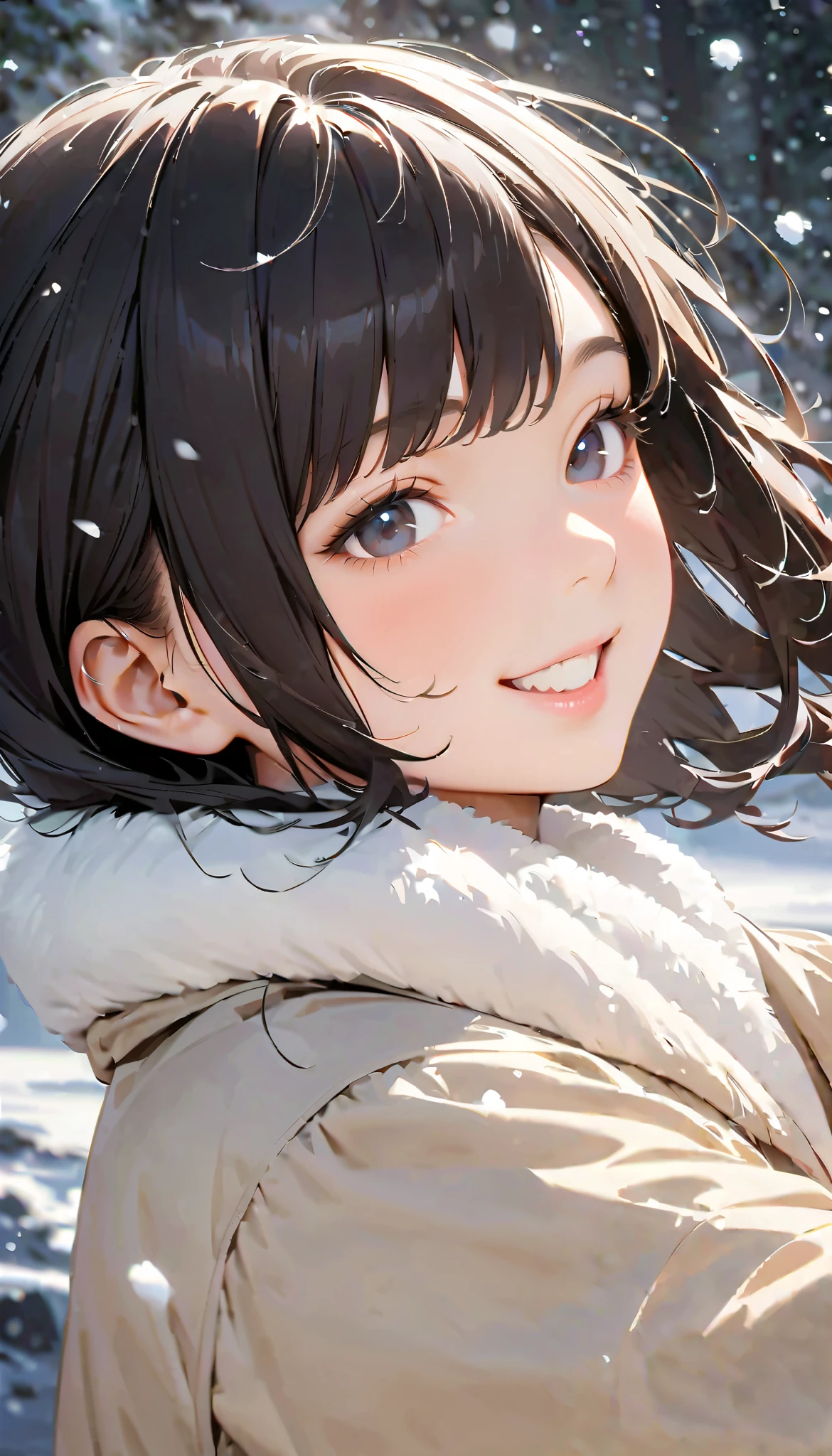 ( best quality :1.2, very detailed, Latest, lively, Masterpiece :1.2, best quality , Aesthetics at its best) , Face Up Shot, ((( very detailed目と顔))), Official Art, 8k Ultra HD, very detailed, Delicate and dynamic, blurred background , Hiku Snow Scenery , there's snow on the ground, it's snowing, Falling Snow, winter, The World of Silver, Diffuse reflection of light, is dazzling, one woman, 2.5D, smile, black eyes, black hair, young, Fluffy winter clothes, Get excited, Dynamic Poses, dynamic angle, Realistic, her breath is white
