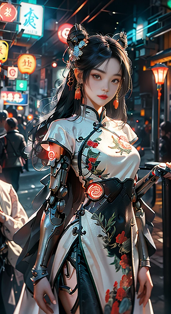 (Master Works :1.5), (Best picture quality :1.5), (Very Fine Detail, 8K, Wallpaper :1.3), Very Fine Detail, High contrast, Complex Detail, physics-based rendering, Best Composition, Whole body, Cyberpunk character Style, Dynamic Styling, 1 girl, Fine brown eyes, Eyeshadow, Makeup, long black hair, Detailed big eyes, looking at the audience, blush, full small lips, red lips, long hair :1.3, upper body, (standing), (Hair accessories :1.1), headwear, Chinese cheongsam, Cyberstyle Cheongsam, blue and pink cheongsam, (Cyberpunk Light :1.1), neon, all mechanical and futuristic elements, technology, the background is a traditional Chinese street, This street with no people, on the street with no people, paper lanterns, neon, Ultra high resolution, (Slim:1.2), dramatic lighting, vibrant detail, Deluxe Cyberpunk, Complex background, octane render, 8k, best quality, masterpieces, illustrations, extremely delicate and beautiful, Very detailed, CG, wallpaper, (realistic, realistic :1.37), Amazing, fine detail, masterpiece, best quality, official art, (Natta :1.5) cowboy shot