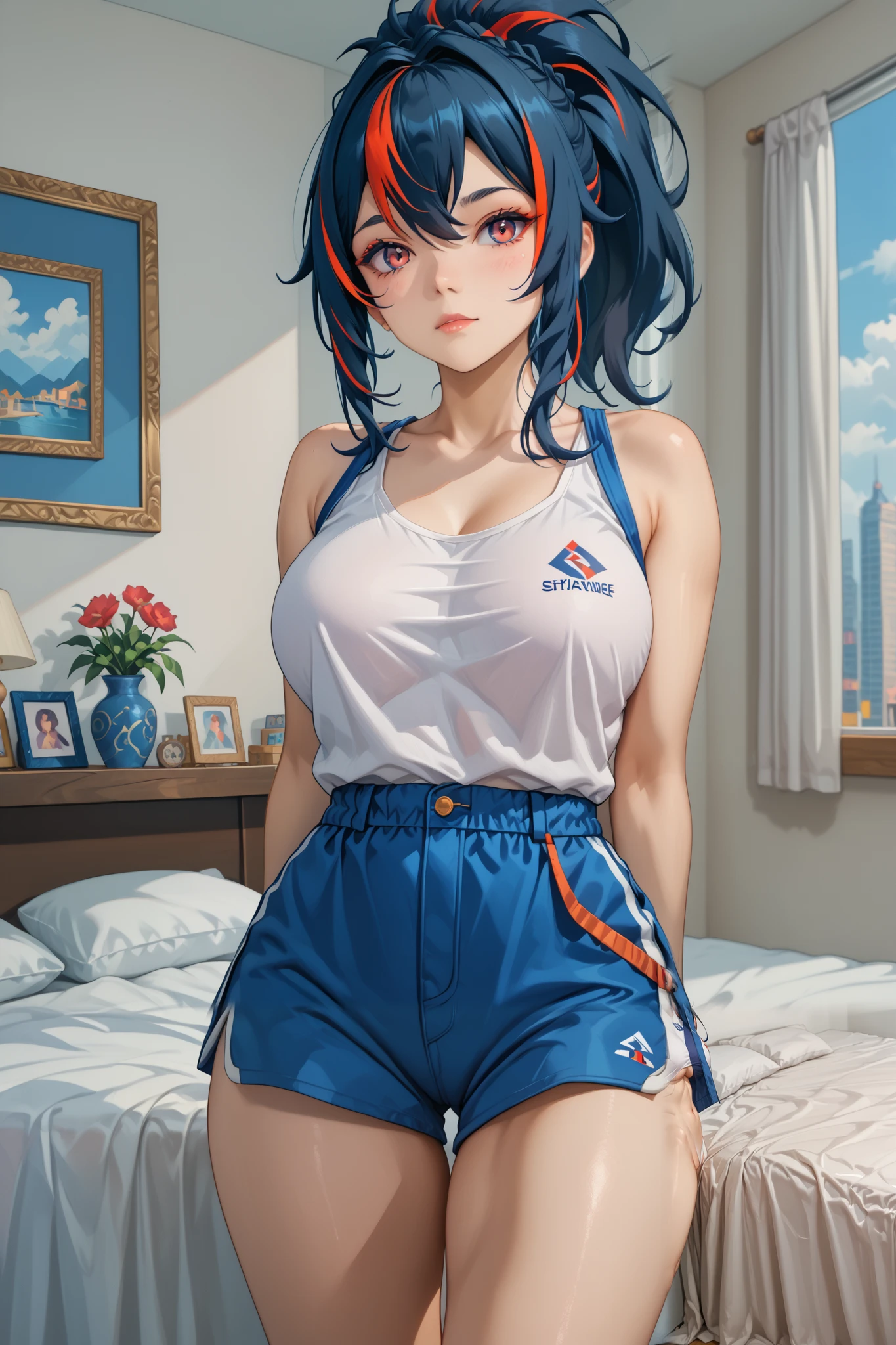 Masterpiece, extremely detailed,solo,1girl,zhu yuan,fullbody,slim perfect body,ponytail streaked hair,large breasts,wonderful eyes,white tanktop,sleeveless,shorts,looking at viewers,arms behind back,bed rooms,sit on the bed,photograph,cowboy shot