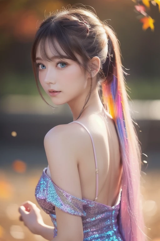 SLR camera shooting, 100 million pixel shooting, Chinese, female college student, wavy long hair, rainbow hair, front, 36d, ((sideways))), half body, double eyelids, straight chest without sagging, perfect chest shape, super plump, huge breasts, G cup, chest details, exposed shoulders, perfect face, delicate facial features, shyness, blush, shy bands, light makeup, pink lips, fair skin, (((white transparent plastic bodysuit))), ((looming)), ((wetness)), wet feeling, realistic, realistic,Big tits, hard pippel