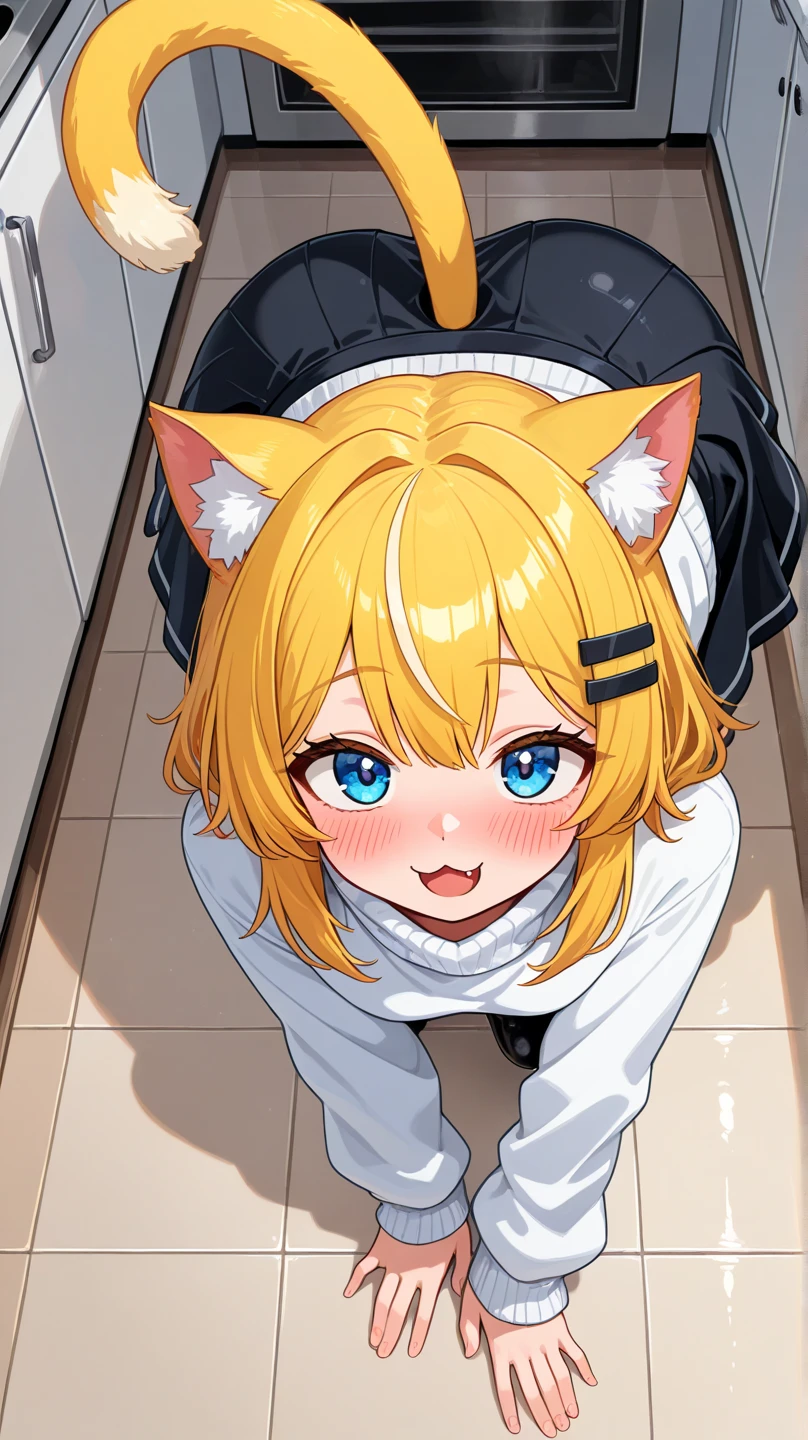 Anthro futa catgirl, solo, looking at viewer,  hair, yellow hair, blue eyes, blush, <:3, cat fang, cat ears, cat tail, black hairclip, white sweater, black skirt, (huge bulge:1.2), crawl, crawling in the floor, walking on all four, (white floor:1.1), above view, kitchen, simple background, masterpiece, best quality, amazing quality, highres, absurdres, newest