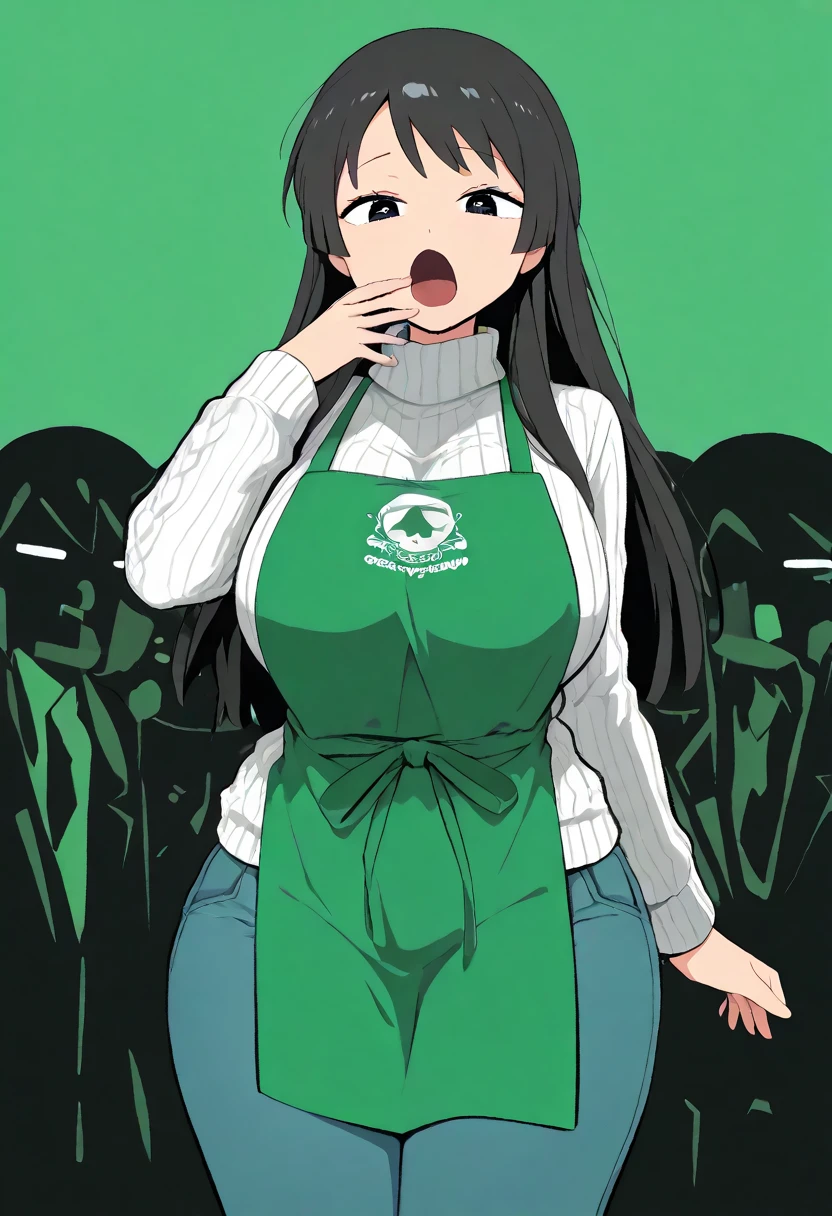  1 girl, original , general ,Masterpiece, vector graphic,Ilastaya ,
cuteg, were cartoonized,simple background,Ilastaya ,
 1 girl,Alone, knitted sweater, jeans, wide hips, green apron, Audience , dark eyes, long hair,, open your mouth, vulgar_ ahe face、、Cafe, Green Theme,
 high resolution,Masterpiece,up to date,Ilastaya ,