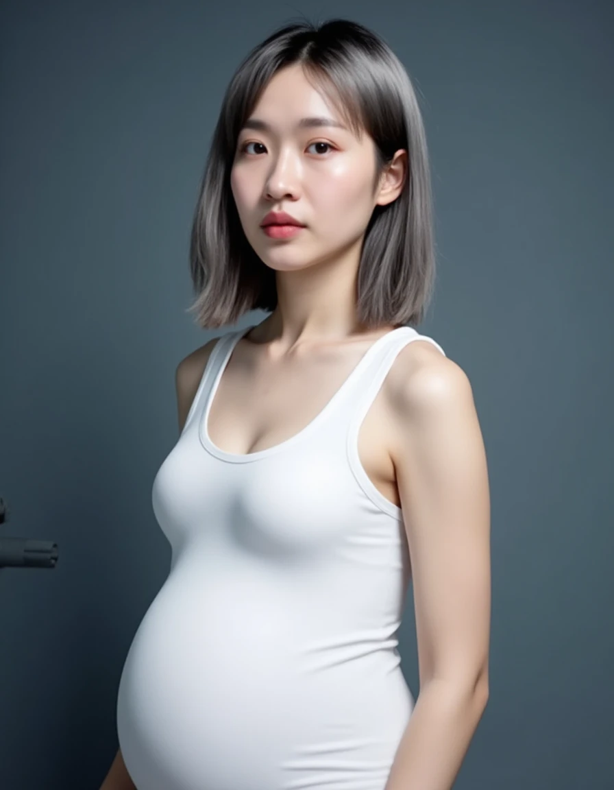 Girl with short black hair, big breasts, pregnant, tomboy, 3d, 8k, ultra realistic, giving birth, full naked, with out cloth.
