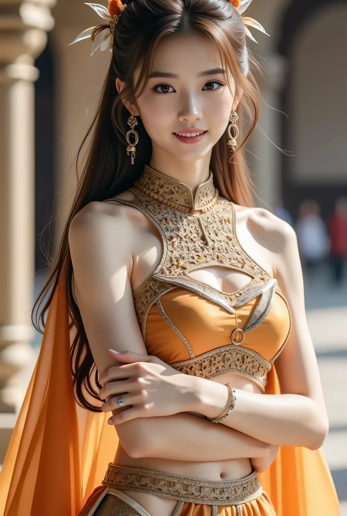 (8k,        top quality, Masterpiece), (         realistic    , photo         realistic    : 1.37),         very detailed   ,           one girl     , {Feather Armor     、     Phoenix Knight} ,      Bust Up、    chest that often bounces outside at night    、        use your arms to get close to your bust       、     Cross your arms lightly    、  Very delicate depiction     、      realistic 要素と幻想的要素を組み合わせた複雑な模様の鎖帷子と着物を融合した鎧   ,     wear a chain with a complicated pattern      ,  Braided Chain        、 Raise your fist  、     World of Reality and Illusion     ( Swirling Fire Cloak :1)、       staring at the camera 、     Inside a Medieval Castle、Cute double teeth 、 sharp thin eyebrows    