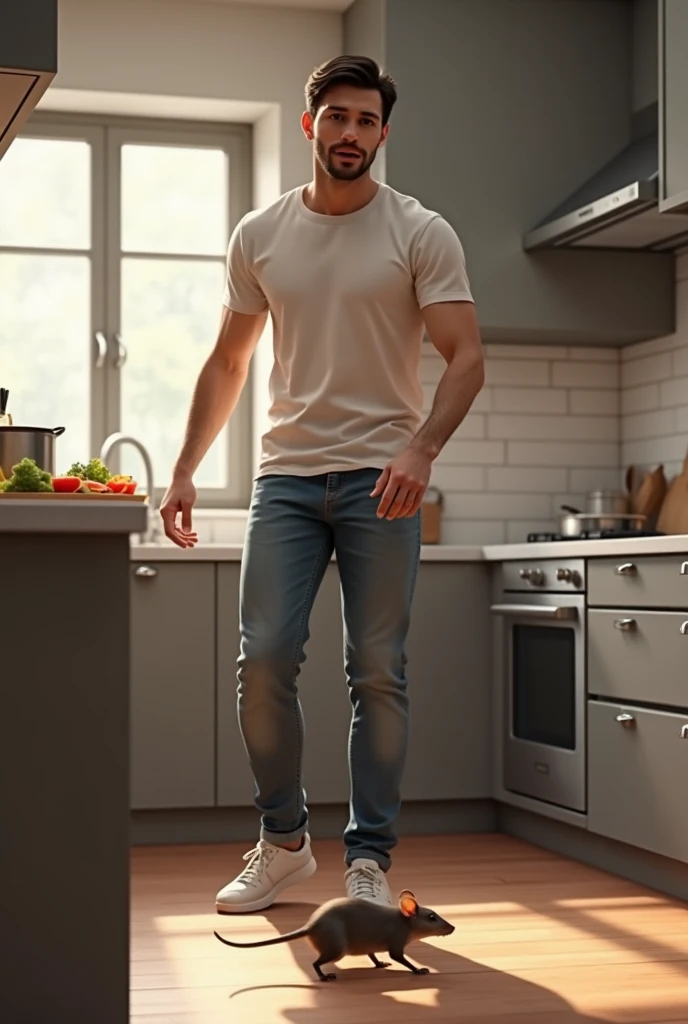 Thai man ,man ,(white t-shirt:1.5) ,Jeans ,He is about 30 years old..，Rough and handsome appearance，large breastsj，Big waistline，buzz cut, angry, sullen, best quality, Masterpiece，（Have muscles：4.5），(best quality,high resolution,Masterpiece:1.2),The eyes are natural and delicate..,1 person,alone,gay asian,muscle,Long legs,brave,short hair details,conjunctivitis ,strong,brown eyes, (standing in the kitchen:1.5)，in the market，sitting on the table ,smile
