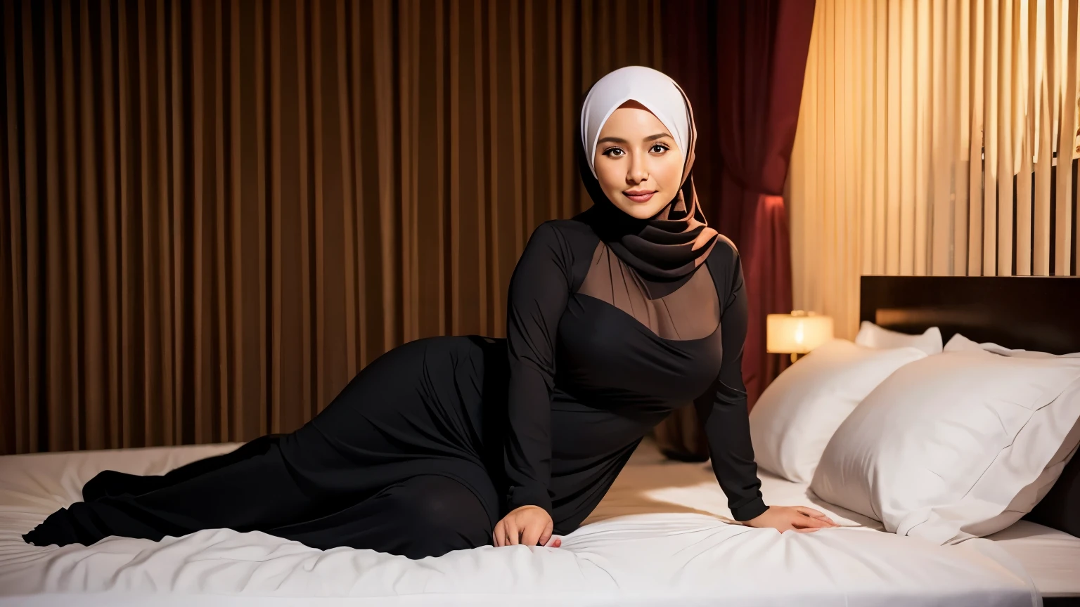 a beautiful young woman hijab, (((super big breast))), (very big breast covered) perfect face, (((very huge big breast,))), ((( Big Breast))) long dress muslim, Slim Face、20 years old, stil young, Pretty Lady, smile eyes, sleep in bedroom, stand up, (big breast covered) , see full image
