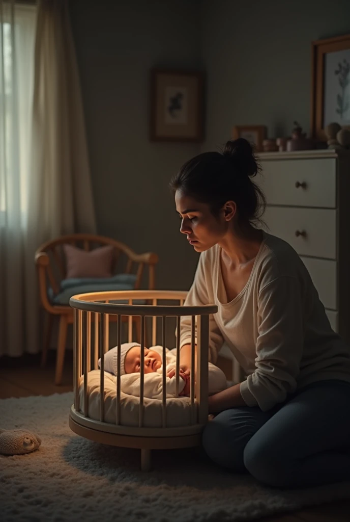 Cinematic, A young woman with long brown hair, wearing a white robe with lace trim, sitting on a chair. She is holding a book while rubbing her left eye. In front of her, there is a child lying on a baby crib, looking at her. The scene is set in a dimly lit room with a door in the background, creating a strong contrast of light and shadow.