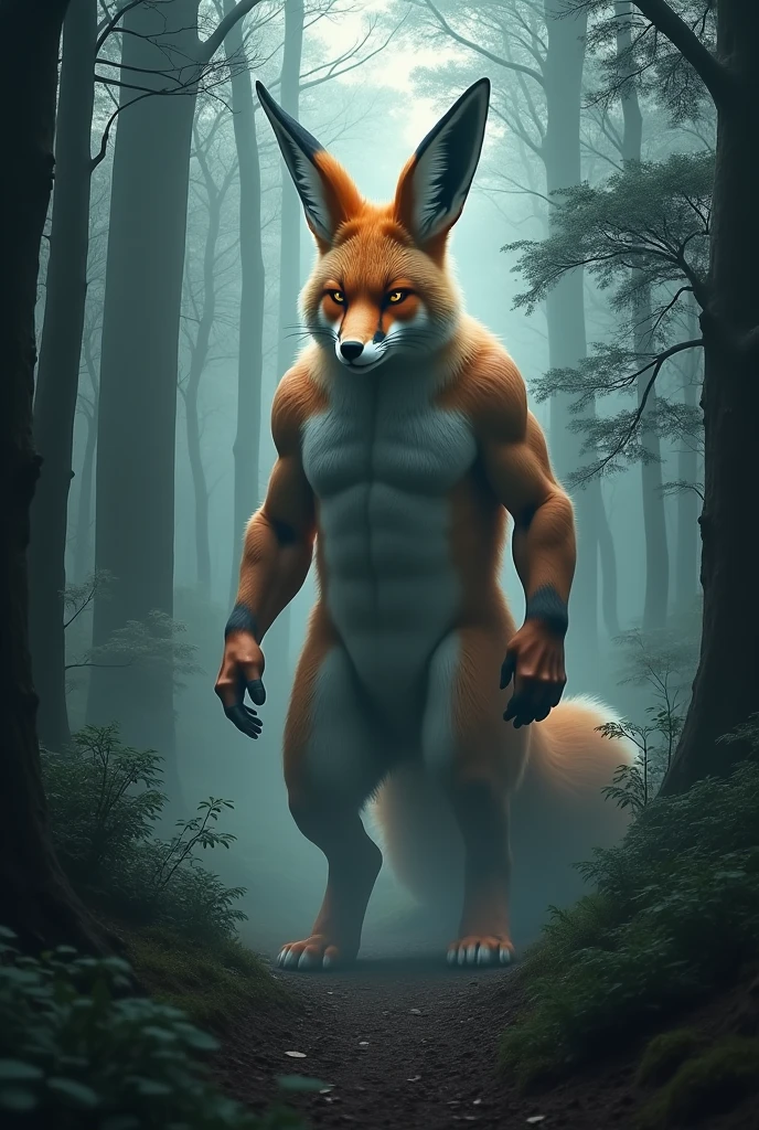 nj5furry, (a Maned wolf, Shirt, ripped muscles, Topless, naked)), No clothes, fur, ((full body)) male, kemono, on his back, showing his butt, ass, muscular back, ((Extremely realistic shadows, Masterpiece, extremely detailed, photorealistic), ((a Maned wolf), broad shoulders, ((standing on HIS back)), (firm buttocks), (round buttocks), (shapely buttocks), No clothes, thick fur covering the crotch, strong, mature male, carefree expression, mischievous smile, sexy, detailed face, handsome, huge, muscular and massive body, bulge , narrow waist, cream brown fur, short hair, red nose, red eyes, crotch bulge, Enchanted and fairy tale forest behind him.