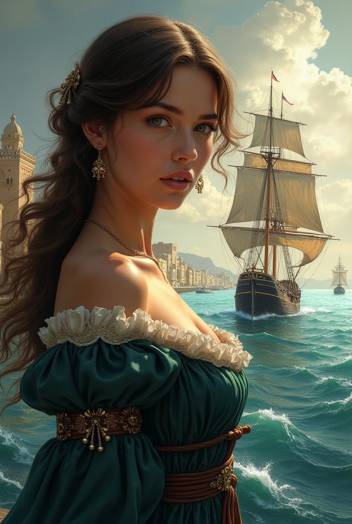 Dark-haired girl in blue dress, Debout sur le pont d&#39;un vieux navire, Un navire, regarde au loin, l&#39;aube, brume légère, Ambiance maussade, Lever de soleil sur la mer, Realistic, real