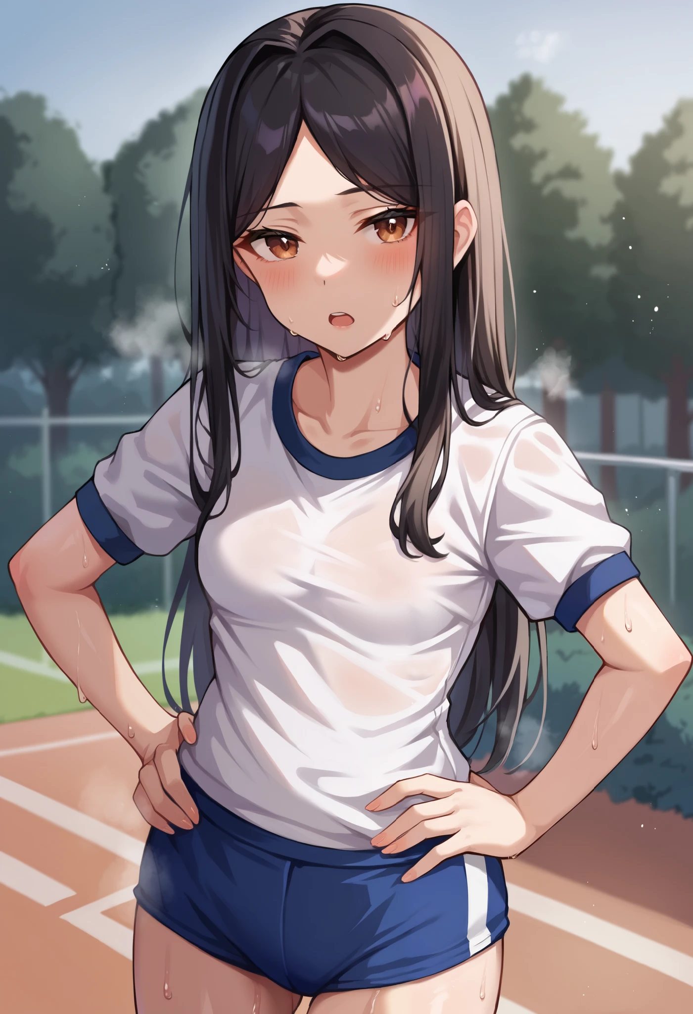 score_9, score_6_up, source_anime, uncensored, cowboy shot, BREAK
1girl, solo, age, medium girl, black hair, long hair, parted bangs, brown eyes, small breasts,
(gym uniform, white shirt, blue shorts),
looking at viewer, tired, open mouth, steam, sweating, hands on hip, standing, BREAK
outdoors, school field, noon