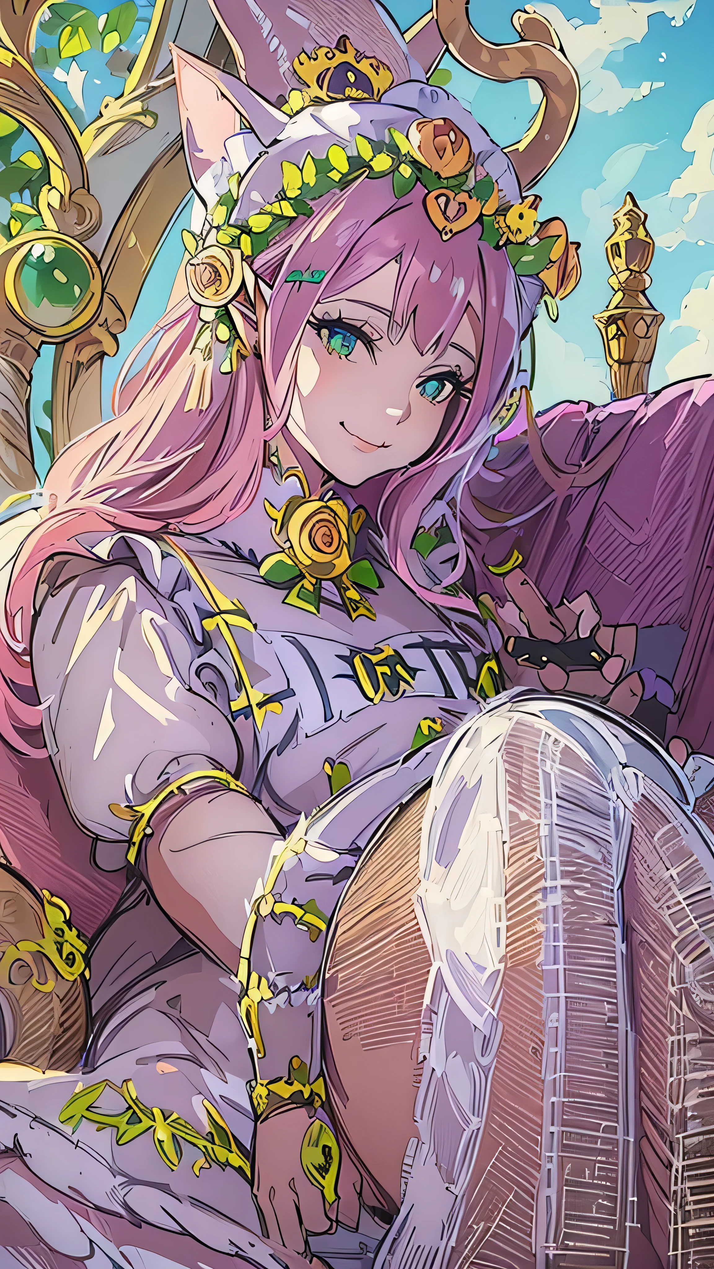 beautiful woman, ( Queen of the Elves:1.4) Sitting on the throne,(Cat maid outfit:1.8) , Perfect Face, full body, Victorian, Aristocratic costume, Intricate Decorations , spelling, talk, smiles, back to arm , soft rim light , beautiful detailed sky , Masterpiece, super high resolution , High Quality , 4K, (photographrealistic:1.2), photograph,