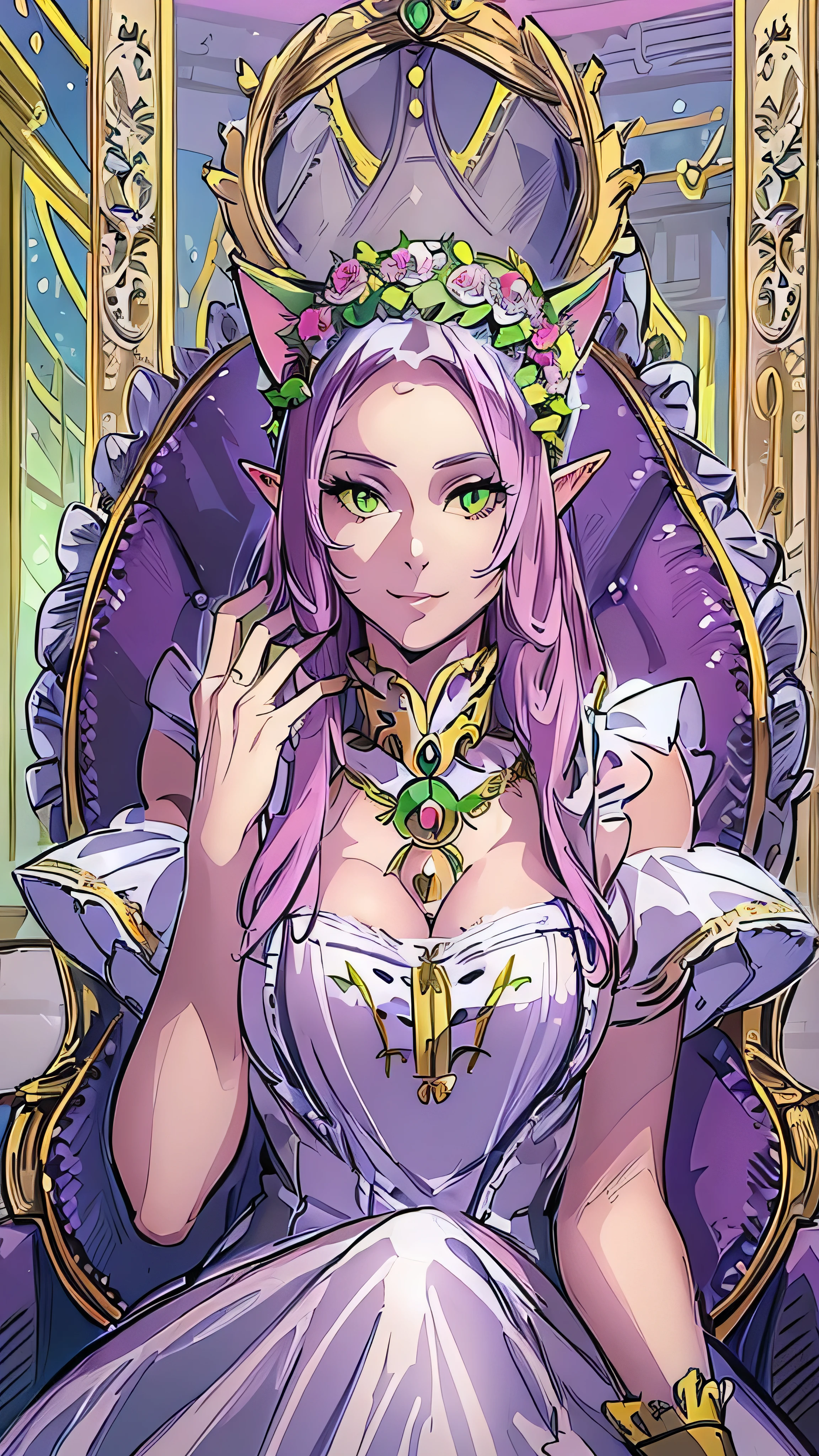 beautiful woman, ( Queen of the Elves:1.4) Sitting on the throne,(Cat maid outfit:1.8) , Perfect Face, full body, Victorian, Aristocratic costume, Intricate Decorations , spelling, talk, smiles, back to arm , soft rim light , beautiful detailed sky , Masterpiece, super high resolution , High Quality , 4K, (photographrealistic:1.2), photograph,