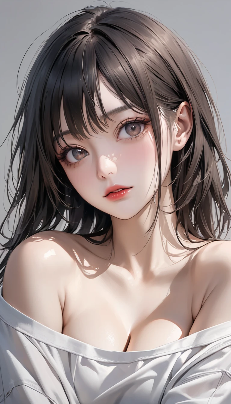 A room illuminated by the morning sun, beautiful girl, ((Lying on the bed in the bedroom)), whole body, Cute expression, (((Open your lips, Red cheeks))), White camisole,(race), Slender body, (( Medium chest, Beautiful body)), (Highest quality), (Highly detailed skin),Medium Hair, (Smooth Hair, Fine hair, Disheveled hair, ), (My bangs get wet, Hair on the sheets), (Beautiful girls), Detailed eyes,(Droopy eyes:1.2), ( dazzling, Delicate eyelashes), Delicate and beautiful face, Exquisite detail, Highest quality, 8K, Air of Silence , White wall, (White sheets) , Silence, (Gentle atmosphere), Embarrassing, Embarrassed face, Lying in bed, (Very cute expression, Coquettish), (Shot from above), ((Red cheeks, Sweat))