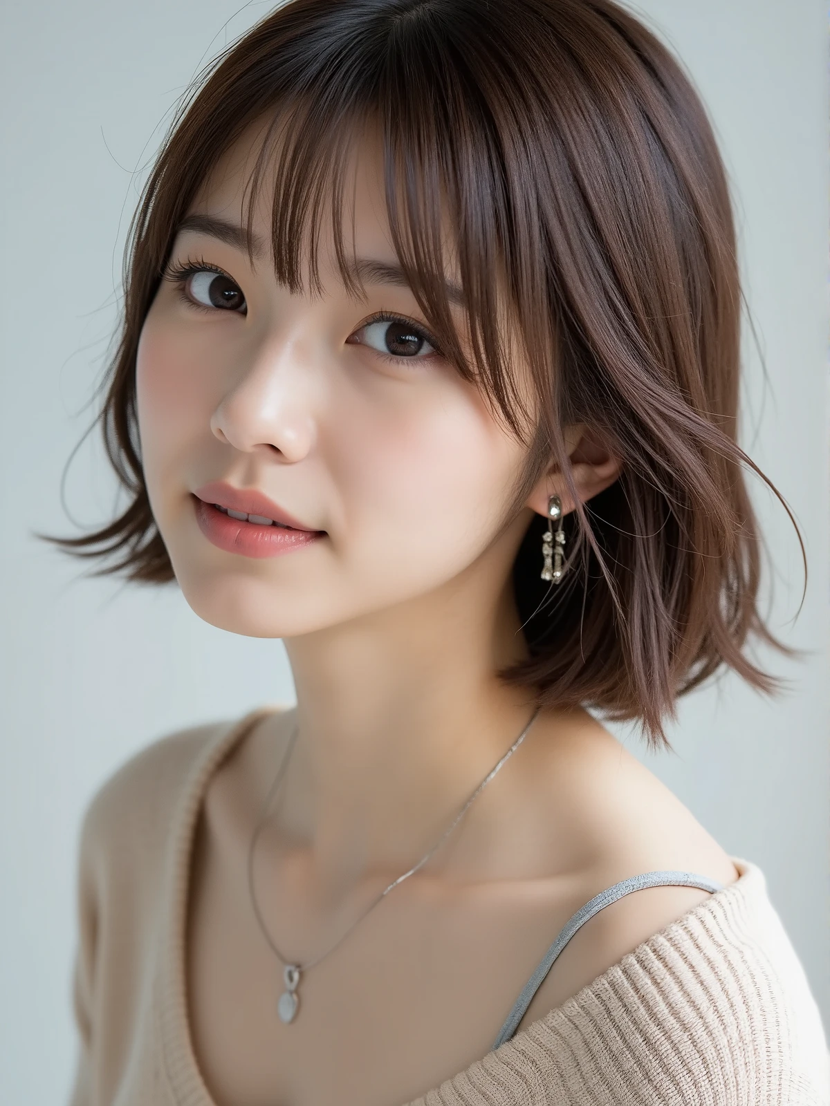 ((Warm colored sweater )),((upper body shot)),((Hair Model、Cutaway model)),(((looking side)),8k、 RAW photos 、 best quality 、Masterpiece:1.2)、 High Resolution RAW Color Photos 、 professional photography、( realistic、photo  realistic:1.37)、 (( zoom out)), cinematic lights  ,  1 girl, Laughter, White wall studio, Mr.々A pose, break (shadow:1.3) ,  simple necklace , (Beautiful Profile:1.3),  dark brown hair 色, Short haired 20 year old , 1 person, (( showing a slight chest , Gentle Smile :1.5)),
((Earrings,  Silver Necklaces :1.2))

 supple body :1.3,   Model Body Type :1.5, 頭w:1.4,  Perfect Style ：1.4, 
 realistic skin texture,  white skin,  Shiny Skin, 
Narrow shoulders,  beautiful collarbone, length, Thin legs, 
 very detailed face,  slim face contrast, Beautiful little face, Beautiful Nose, 
 super detailed eyes,  slit eye ,  brown eyes, double eyelids, Ultra-thin eyebrows, thin,  long lashes, 
Ultra-detailed lips, Plump and moist lips,  shiny pink lips , Red face, ((White and beautiful teeth)), 
 beautiful actress ;Fatigue Make-up,   has pink lipstick in it ,  Smoky Eyeshadow , 
 dark brown hair , Delicate and soft hair,
 layered cut , (blunt bangs :1.2), 
( full body image from thigh :1.2), 

((Lift your face a little)),
(( has big breasts)),
((Pursed lips:1.2)),
(( cheeks turn red:1.2)),
((I can see my chest)),