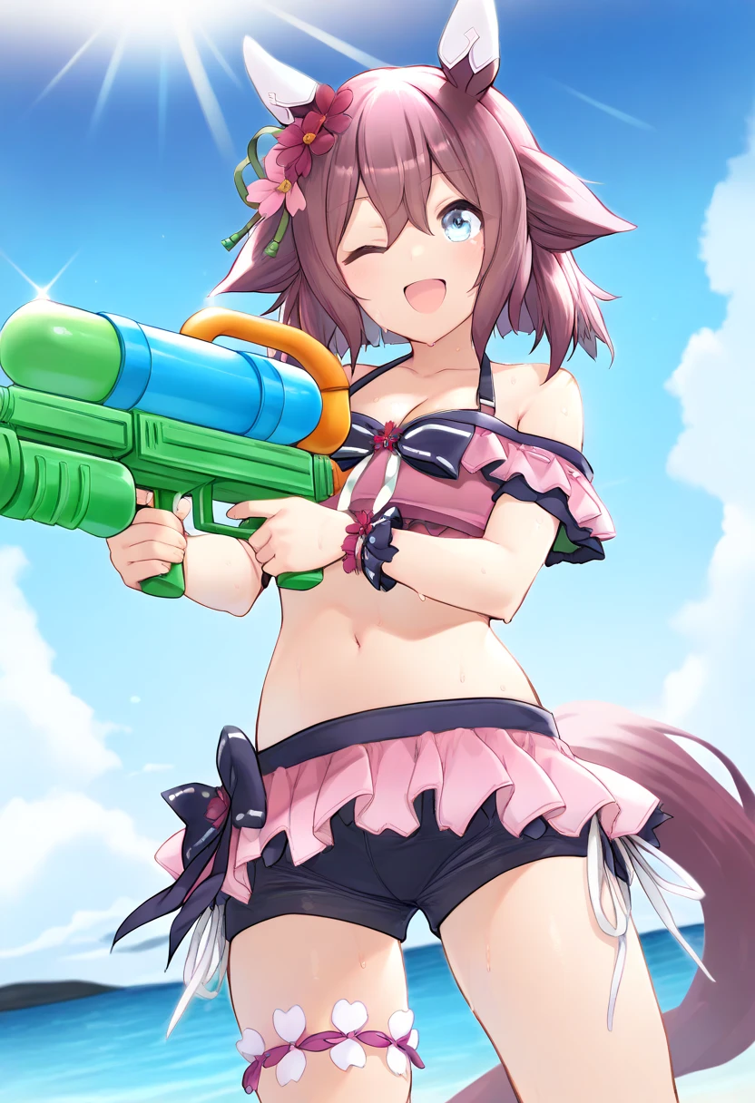 furry girl, young, cat, red hair, Knight bangs hairstyle, long ponytail, anime style, medium breasts, blue eyes, red jacket, open clothes, yellow bikini, purple skirt, princess crown, beach, clear Sky, high quality, detailed body, detailed eyes, detailed face, masterpiece, glistening body, detailed body fur, best quality, two tone body, pink fur, clear pink fur, paws whit three toes, skinny, sassy face, :3, unicorn horn, full body, cute stance, water gun,