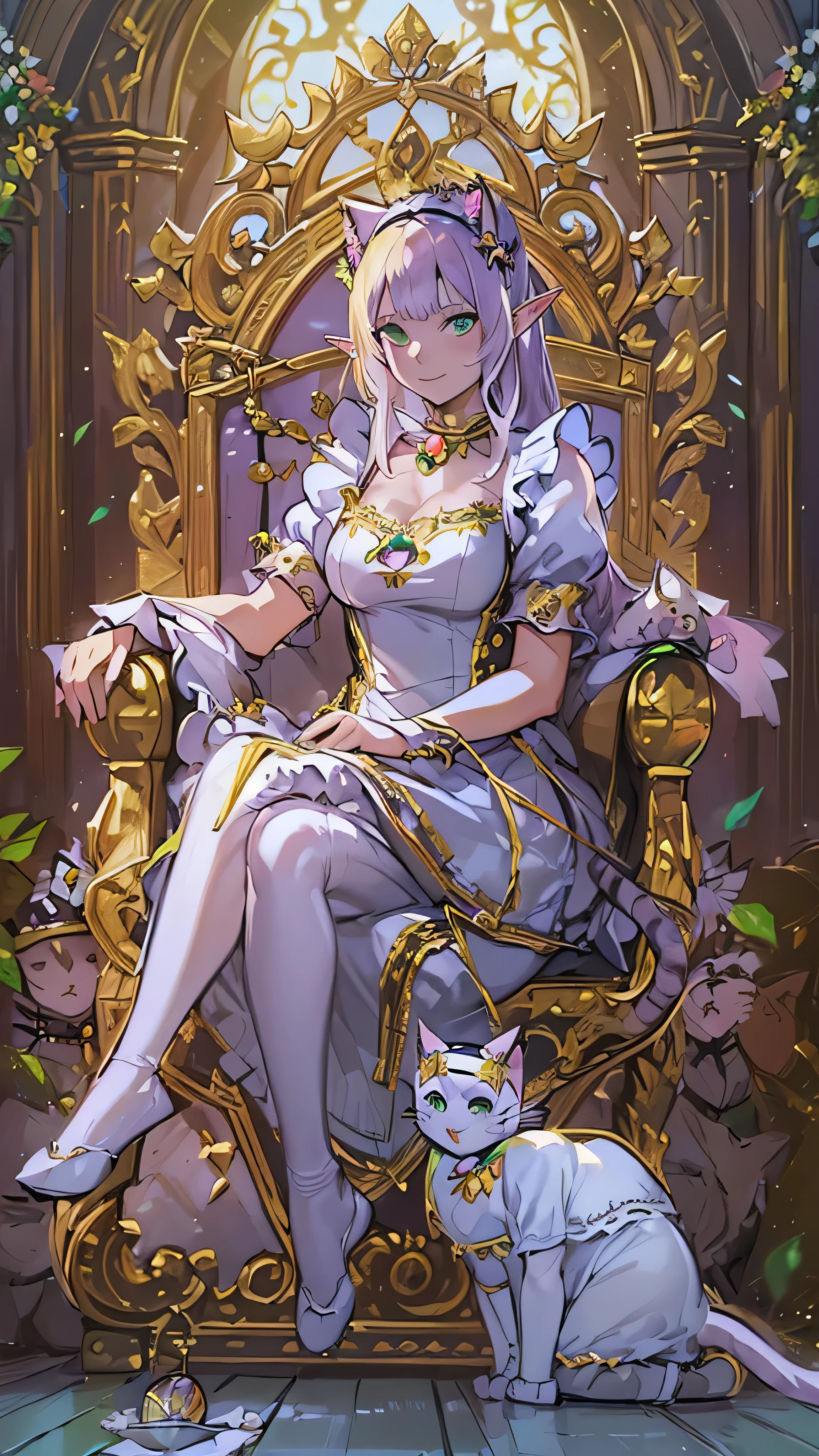 beautiful woman, ( Queen of the Elves:1.4) Sitting on the throne,(Cat maid outfit:1.8) , Perfect Face, full body, Victorian, Aristocratic costume, Intricate Decorations , spelling, talk, smiles, back to arm , soft rim light , beautiful detailed sky , Masterpiece, super high resolution , High Quality , 4K, (photographrealistic:1.2), photograph,