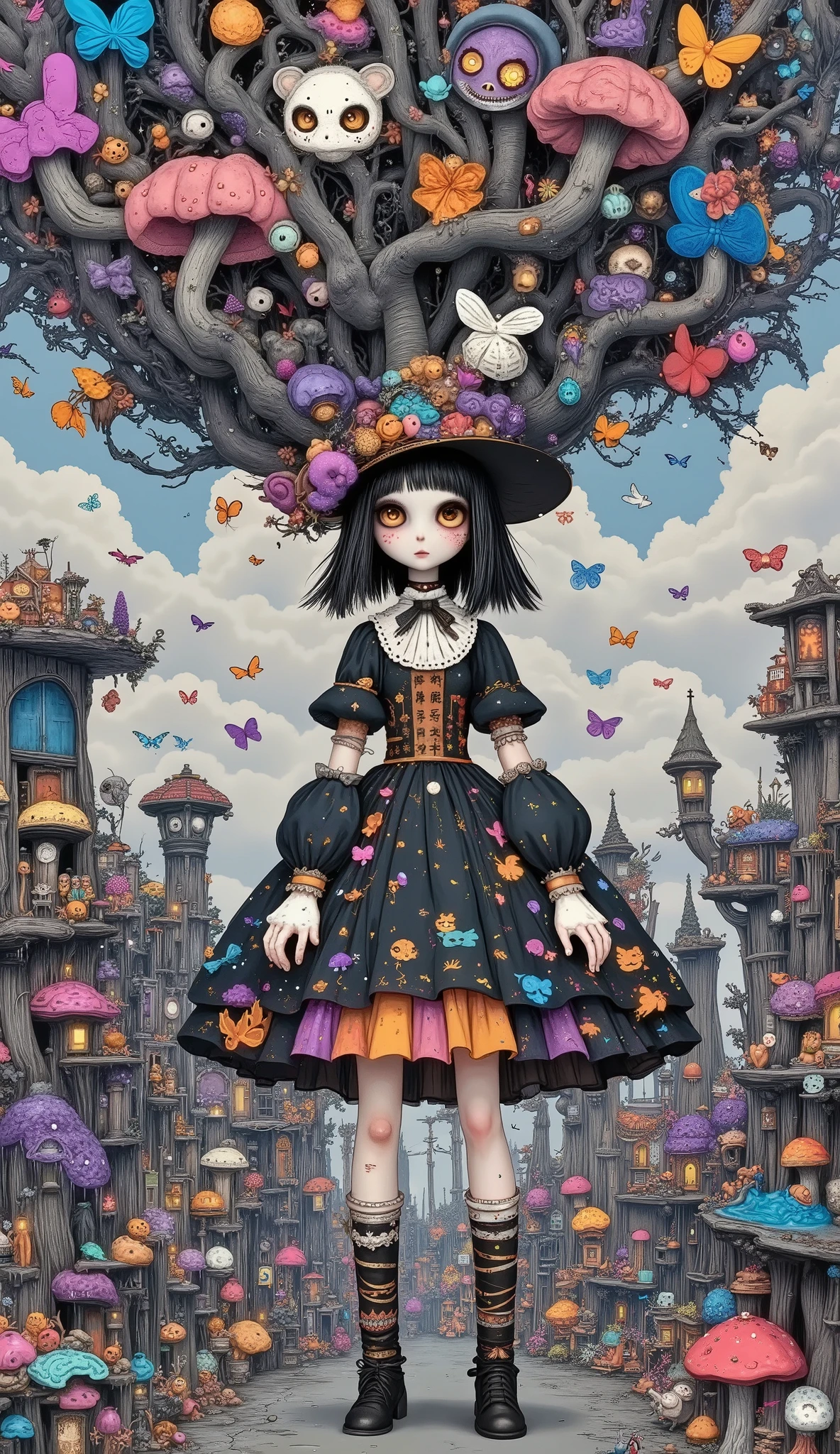  acrylic paint  , presentation art , Land of Magical Dreams ,  detailed enchanted tree of high quality ,  High resolution 8K ,  high saturation containing a magical kingdom , colorful,  illustration  , idyllic,  from a fairytale , adorable,  surrounded by bioluminescent fungi,  stalagmites , creepy,  image of an anime  , Villagers shrouded in dreams  ,  The whole town is dotted with the magic effect,  Become a hamster wizard  , Rule of Magic and Dreams  ,dark type ,  pictorial oil painting works  ,wall painting,  extra thick oil blush  , supreme art,  classic fused set  ,  by the dark witch painter  ,