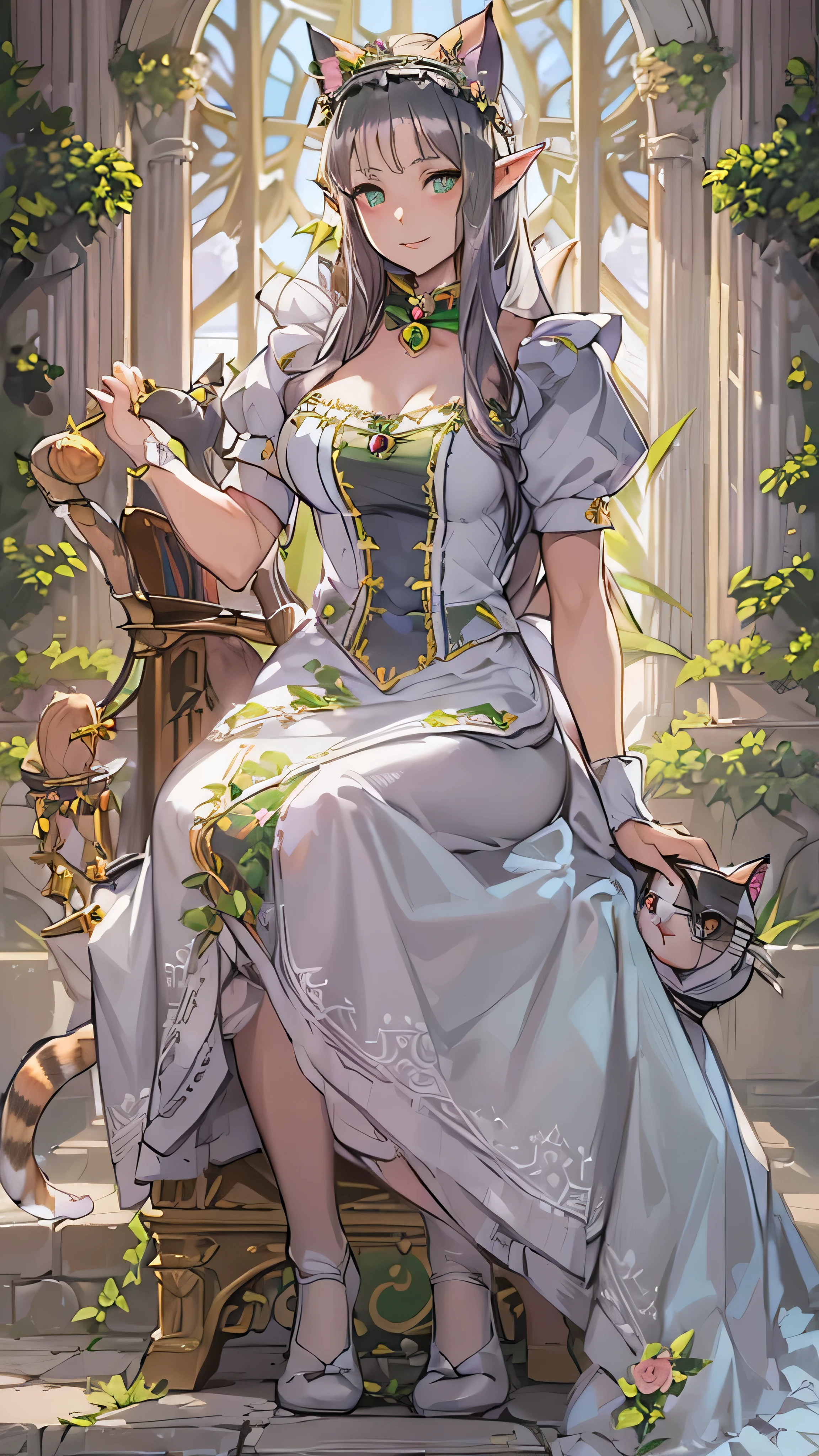 beautiful woman, ( Queen of the Elves:1.4) Sitting on the throne,(Cat maid outfit:1.8) , Perfect Face, full body, Victorian, Aristocratic costume, Intricate Decorations , spelling, talk, smiles, back to arm , soft rim light , beautiful detailed sky , Masterpiece, super high resolution , High Quality , 4K, (photographrealistic:1.2), photograph,