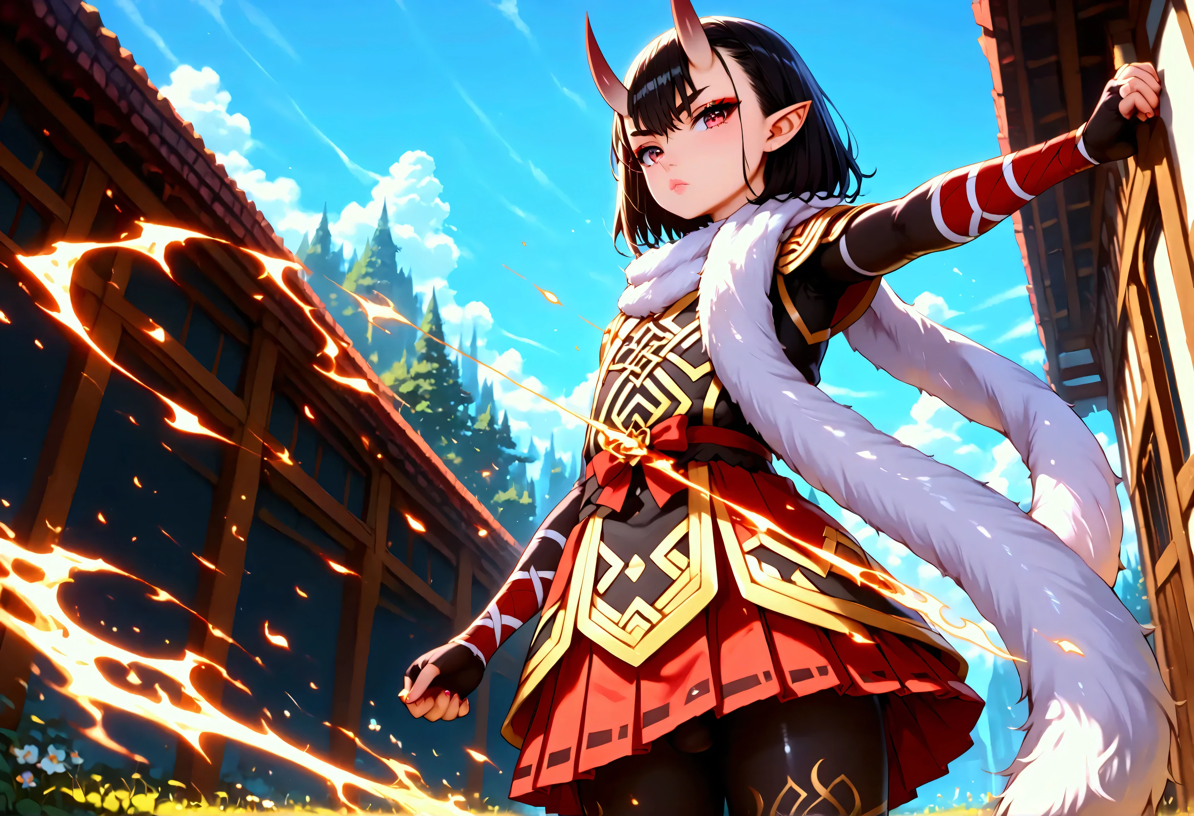 score_9, score_8_up, score_7_up, masterpiece, highest_quality, ultra_detailed, nsfw, absurdres, HDR, official_style, intricate_details, solo_boy_focus, boy is (japanese_shota_femboy, asra_kin, BREAK (hair_color_is_black, eyes_color_is_golden, pantyhose_color_is_white):1.5, BREAK (messy_hair, very_long_hair, forehead_bangs):1.5, (slant_eyes, close_set_thin_eyebrows, eye_liner), pointed_ears, oni_horns, thick_lips, flat_chest, thin_body, short_stature, male_bulge, (spider_pattern_clothes, spider_silk_clothes, kimono, bandaged_arms, hakama_microskirt, pantyhose, fur_scarf), dynamic_pose, acrobatic_pose, fighting_pose, hold_flaming_runesword, spider_silk, spider_thread):1.5, BREAK full_of_details, detailed_face, five_fingers, perfect_hands, perfect_fingers, dramatic_angle, dynamic_angle, dynamic_perspective, gray_background