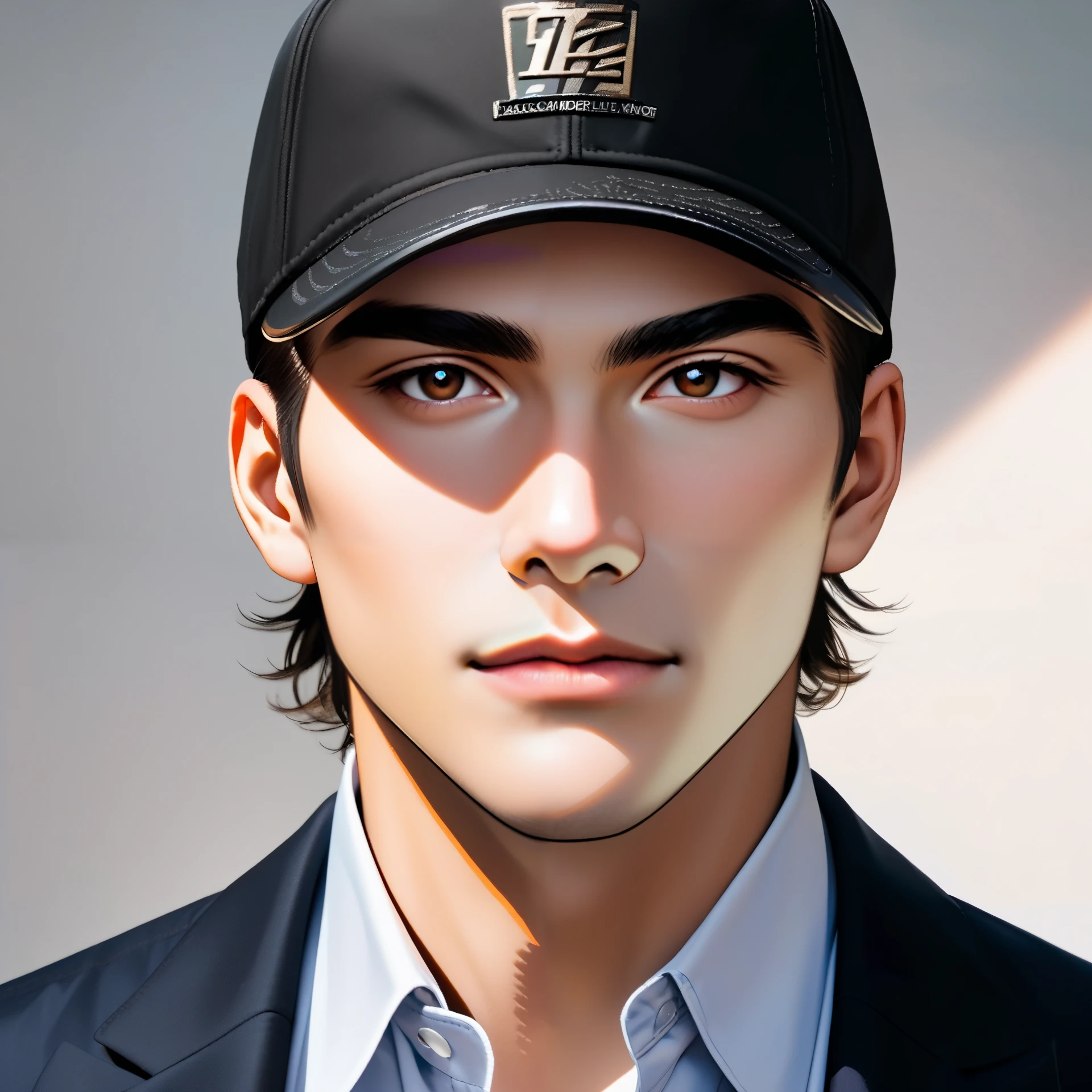 American male 28yrs old , business suit, baseball flat cap, black, confident appearance, avatar profile portrait photo