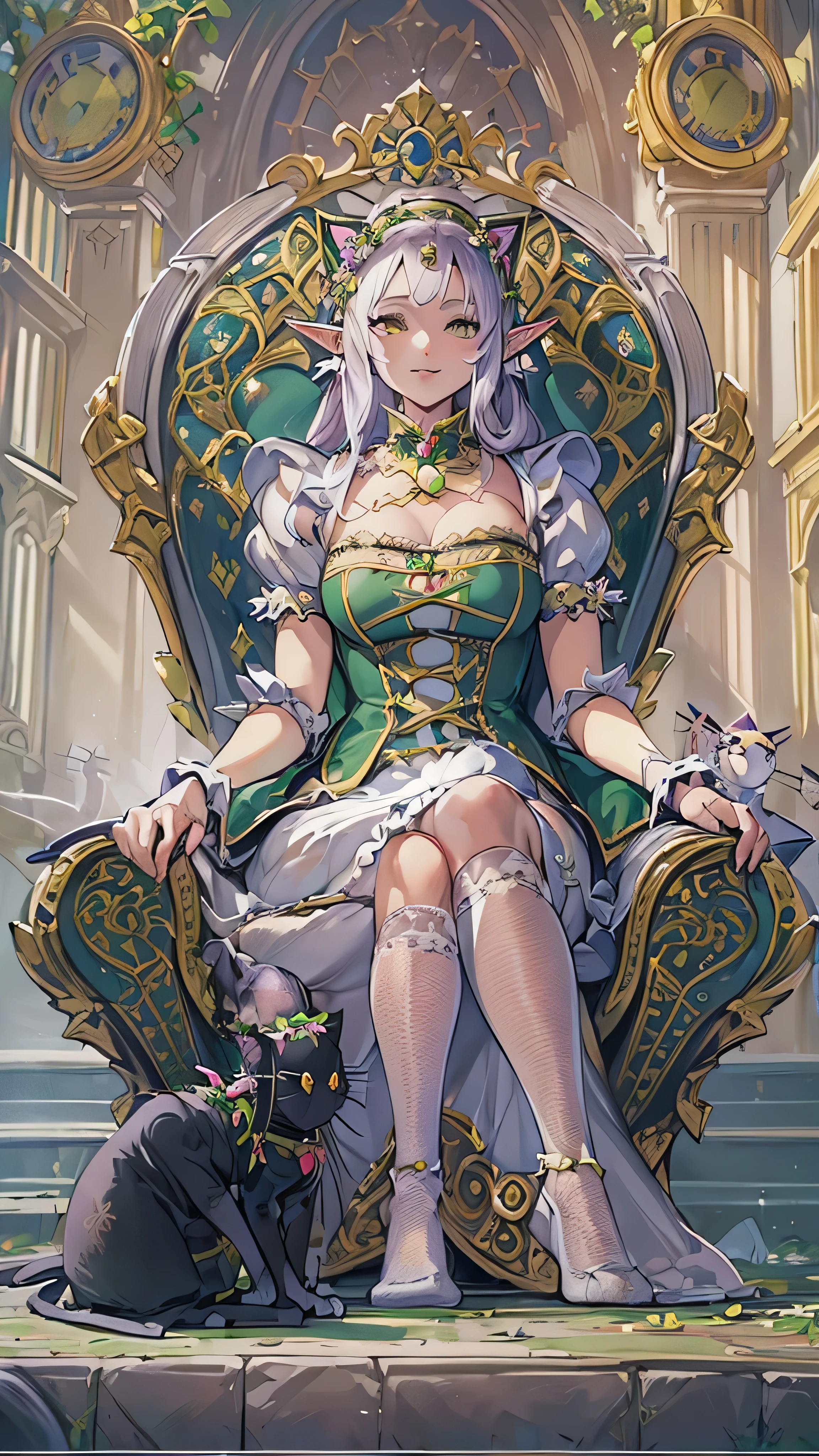 beautiful woman, ( Queen of the Elves:1.4) Sitting on the throne,(Cat maid outfit:1.8) , Perfect Face, full body, Victorian, Aristocratic costume, Intricate Decorations , spelling, talk, smiles, back to arm , soft rim light , beautiful detailed sky , Masterpiece, super high resolution , High Quality , 4K, (photographrealistic:1.2), photograph,