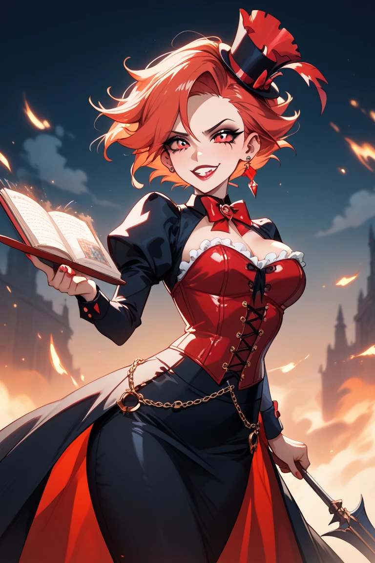 8k, masterpiece, best quality, highly detailed, 1 girl, tiefling, warlock, pixie cut, multicolored hair, very short straight hair red highlight hair on white hair, strippled hair, wearing glasses, round glasses, earrings, navel piercing, red eyeshadow, long eyelashes, blushed cheek, red lips, pearl necklace, rings, collarbone, mole on face, glamorous, teal and purple clothes, miniskirt, smirk, close up view, rings, looking at viewer, demon horns, solo, blood red moon, standing, royal dress, chains, firing fire blast