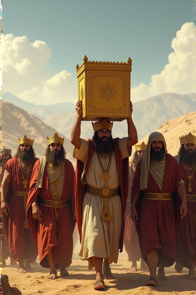 Create a realistic cinematic scene that depicts King David in a solemn and majestic moment as he brings the Ark of the Covenant into the city of Jerusalem. His face, a box of 1,25 m long by 0,75 m high and wide, must be presented with intricate details, including its golden surface and the two rods also covered in gold, that are fitted on the sides. David must be dressed in royal robes, adorned and colorful, reflecting his status as king of Israel.
Ao fundo, visualize a crowd of people, including men, women and children, who come together to witness this historic moment, some holding palms and others singing in celebration. The atmosphere should be vibrant and emotional, with flags waving and a clear blue sky in the background. The focus should be on the expression of reverence and joy on David's face., that holds the Ark firmly, as it advances towards the city, symbolizing the union between God and his people.