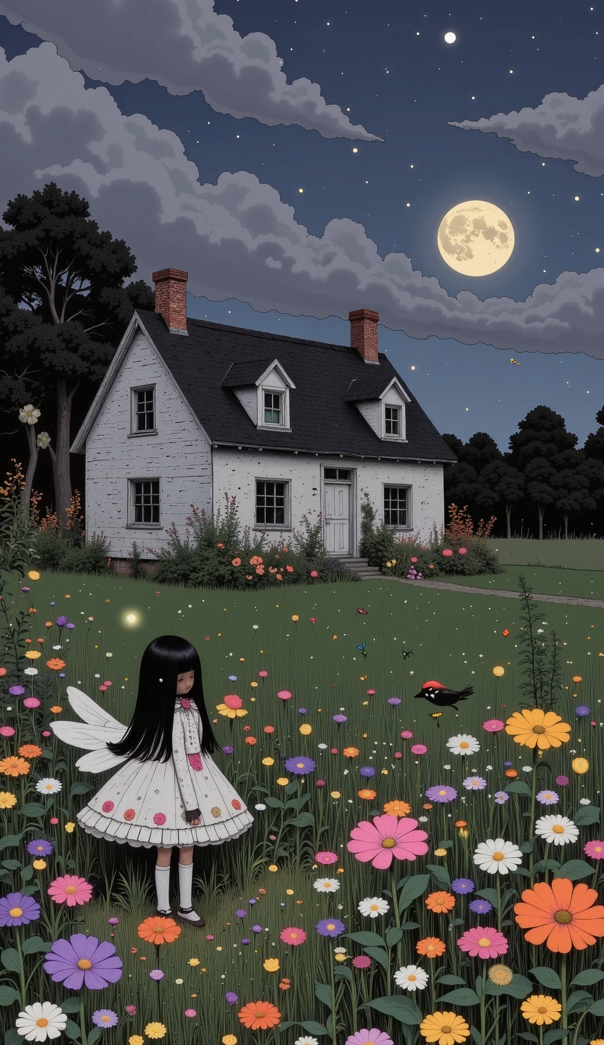  Painting of a house in a field with flowers and a bird,  Moonlight shining on wild flowers ,  field of flowers at night , Dreamy illustration,  cozy night fireflies , quiet night.  digital illustration, Picture of starry night , beautifully illustrated, Jane Newland (New Zealand),  night sky full of flowers , night scene, blurry and Dreamy illustration,  illustrated in whimsical style , moonlit night, chiaroscuro, cinematic lighting, UHD, Retina, masterpiece, Accurate, Anatomically correct, textured skin, Super detail, high details, high quality,  award winning , best quality, highres, textured skin, 1080P, HD, 16K
