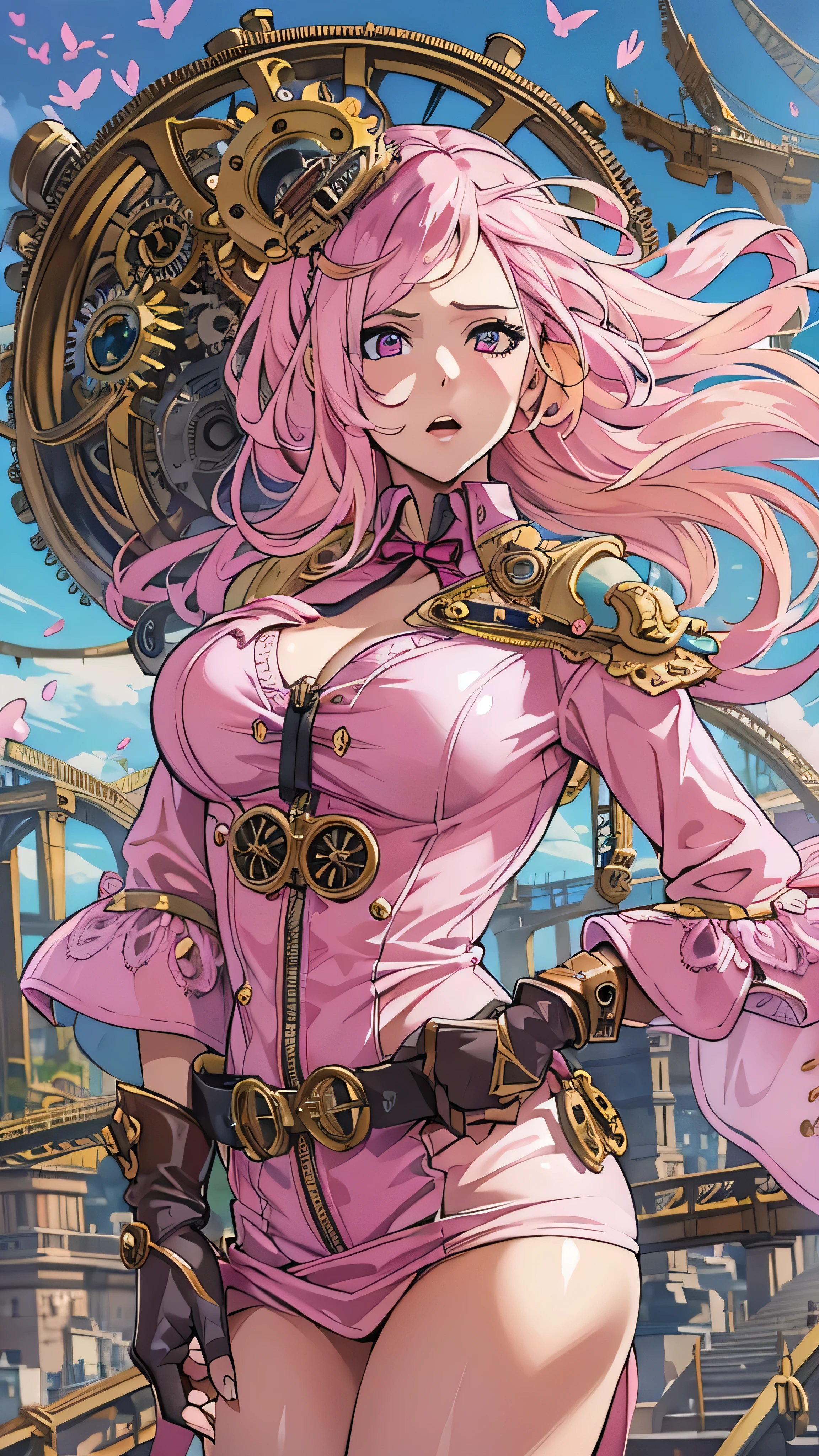 best quality, masterpiece, oral rape, upper body, woman, ruined makeup, blonde hair blown in the wind, shining eyes, steampunk nude style, thin clothes, pink clothes, pink hair, (cum on breasts:1.2)