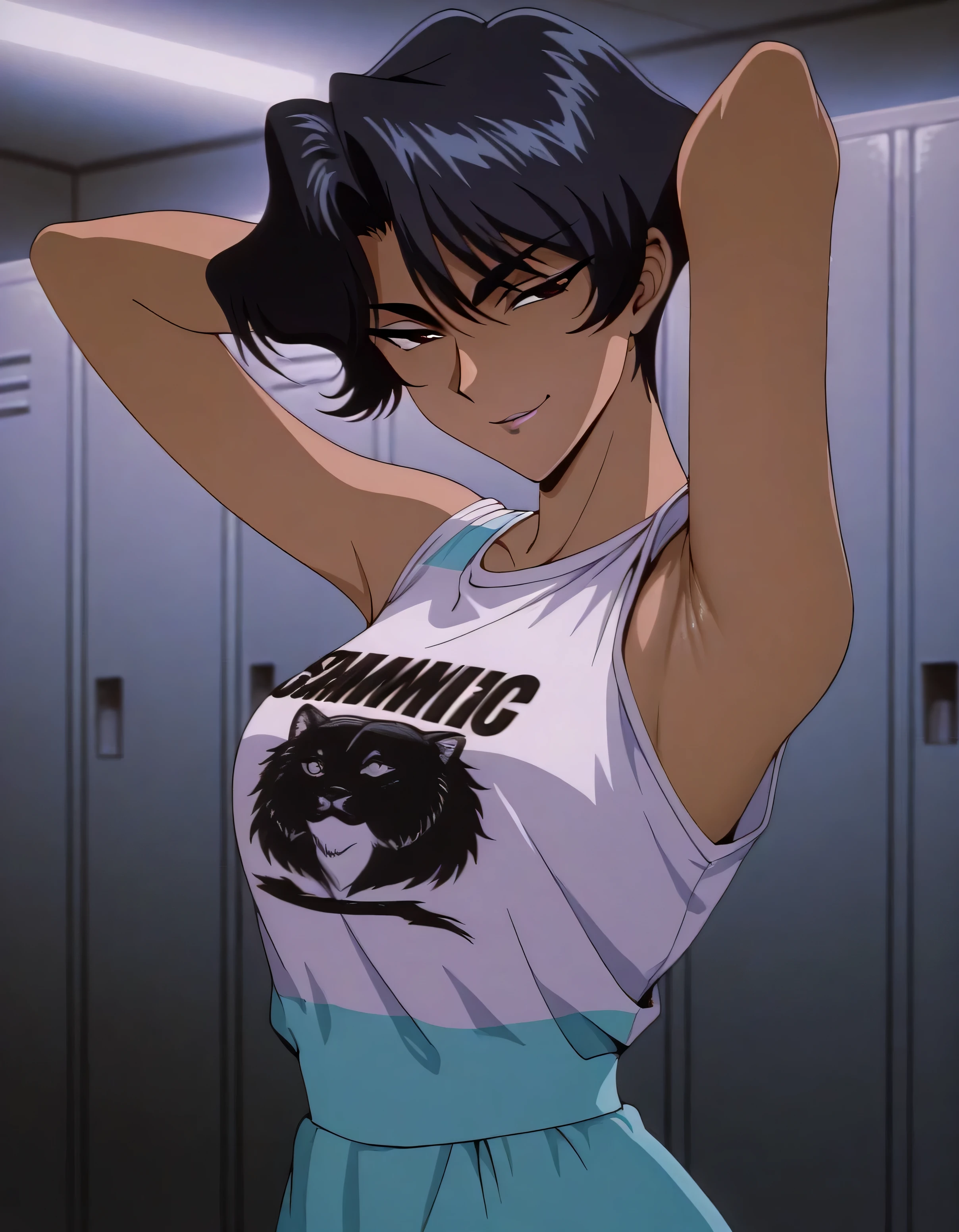 hayami ayuko, white shirt, short sleeves, print shirt, 1girl, solo, smirk, locker room, sleeveless dress,bare arms,hands behind head, bare armpits, armpit crease,cinematic lighting, masterpiece, best quality