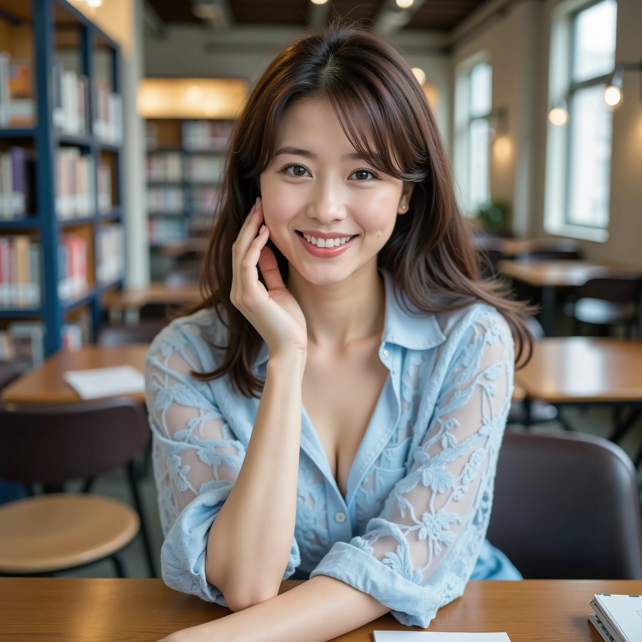 『 1 Japanese girl:1.3』『 real photos:1.3』 best quality :1.2、(( big breasts))、 showing slight cleavage 、((若いwoman))、(( have red cheeks ))『 smiling showing teeth :1.9』、((( anatomically correct、 Complete anatomy、 anatomically correct指)))、 realistic, best quality , super high resolution, RAW photo, (Curvy body)、woman,kpop susie , hime cut blunt bang hair &Uploaded, light blue lace frilled shirt , feel of damaged paint , Warm color scheme, I have a Western book novel , sitting on a table and chair , industrial style school library background ,Sacred Light , Romolens photography technique , vintage film , cool color, backlit, ,High brightness, low light ratio , shallow depth of field
