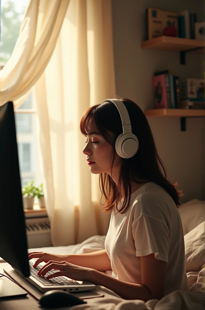 One is sitting on a chair , facing a computer , using large headphones . She's inside the room, where the curtains shake softly due to the open window . Daylight enters the bedroom , illuminating the details . A is shaking her head to the rhythm of the song , with a quiet expression immersed in the vibe of the melody . the atmosphere is cozy, with a bed in the background and some books or decorative objects on a shelf.