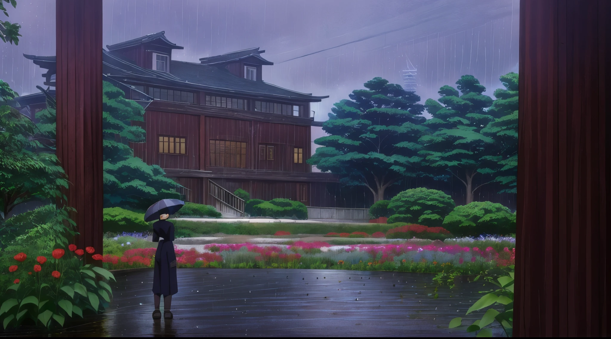 (Rainy sky) (Raindrops Falling) (Afternoon) (Grey Sky)
(80’s Anime) (Classic) (Vintage) (Retro)
1980’s Tokyo Jujutsu High School is a huge broad campus of several buildings build in a traditional Japanese High School architectural style.
The school building is well hidden in the center of Tokyo's City, far and high in the Downtown District. Naturally, there is a big garden where there are a lot of Red lily flowers (Higanbana) around the property to further obscure the location.
(View from the High School)