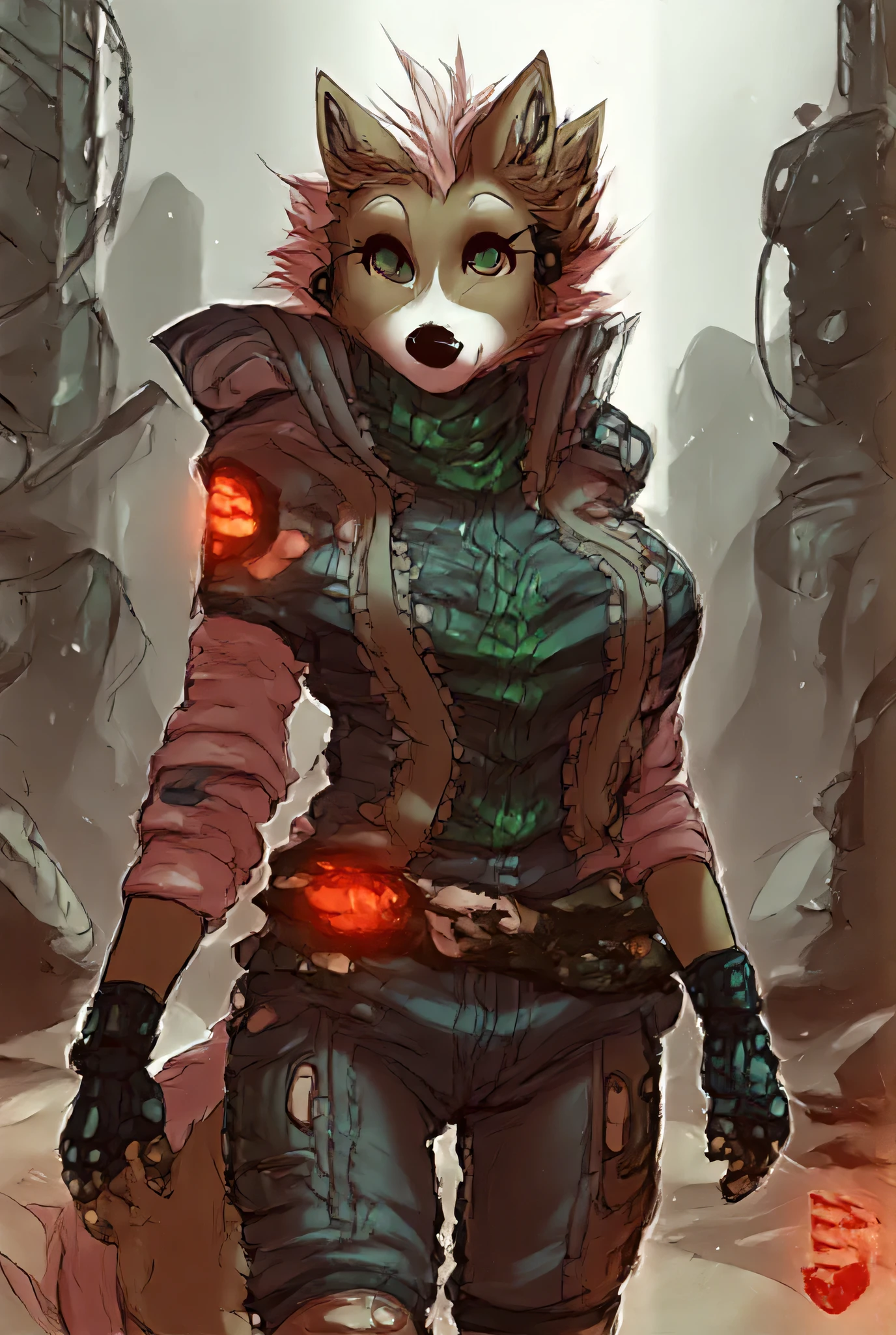 A female antro-wolf ,  Long hair, breasts,  red eyes ,   dressed in post-apocalyptic costume, armada,  post-apocalyptic environment ,foreground, 