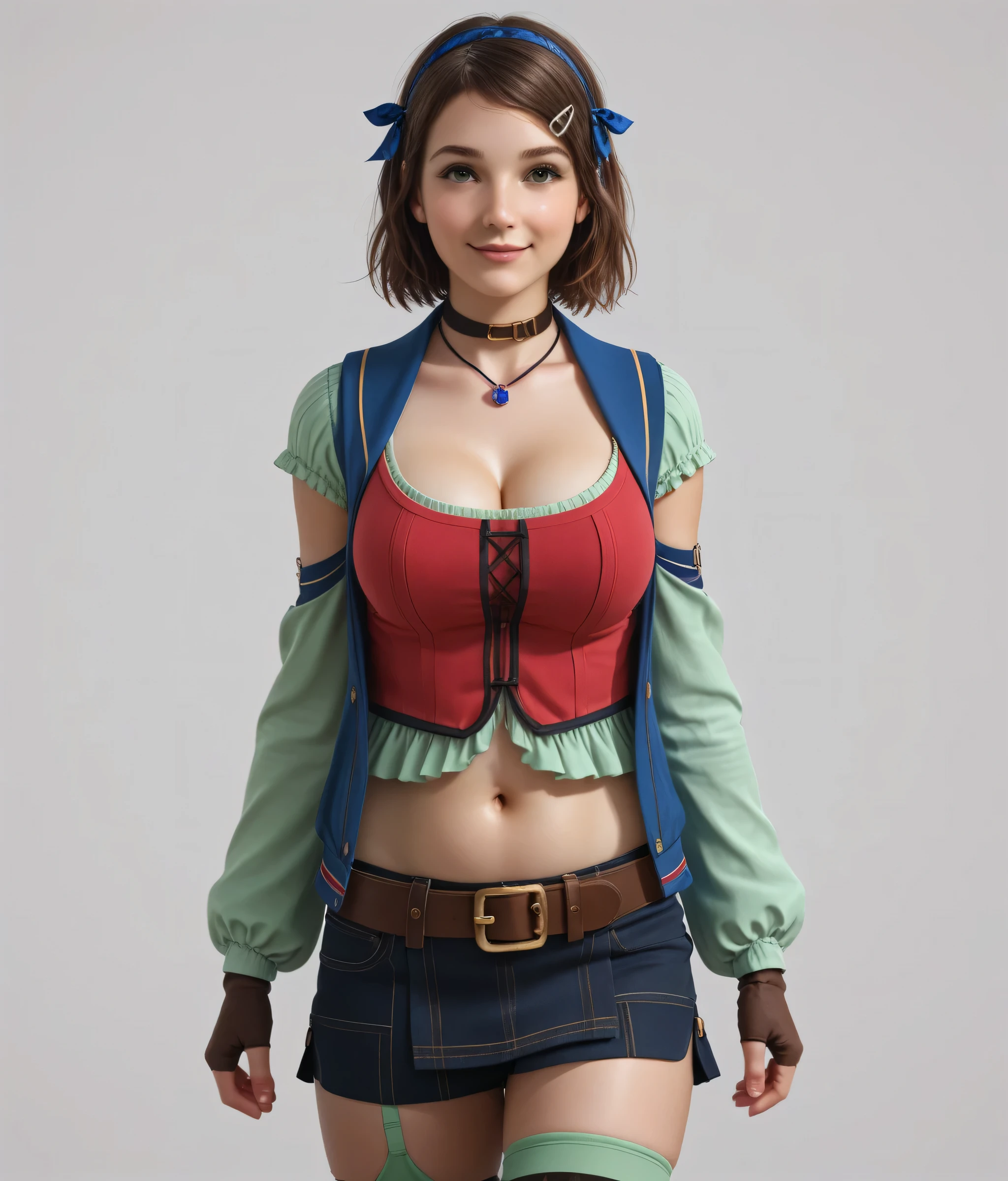 professional-grade render, score_9, score_8_up, score_7_up, Stable_Yogis_PDXL_Positives, cowboy shot, solo, 1 cute girl, young female, extreme Macromastia, huge chubby breasts, slim stomach, standing, nina_deforges, fingerless gloves, tattered green stockings, stocking straps, braless, nipple_outline highly-visible, simple background, "Create a highly detailed, hyper-realistic beautifully-rendered model of Nina Deforges from Star Ocean 6: The Divine Force. well-defined Key characteristics:  busty-petite physique with subtle definition and realistic skin texture  with intricate details and realistic reflections "Render the scene with:  Aska engine with advanced next-gen level modern realistic graphics, Unreal Engine 5, (2025), Volumetric Global Illumination, Screen-Space Ambient Occlusion, Real-Time Dynamic Lighting, and Contact Hardening Shadows features  Advanced Physics Engine Graphics Quality: Ultra-High  Anti-Aliasing: TAA (Temporal Anti-Aliasing) with 16x MSAA (Multisample Anti-Aliasing)  Shadow Quality: Ultra-High with 64x Shadow Resolution  Texture Quality: Ultra-High with 16x Anisotropic Filtering  Reflection Quality: Ultra-High with 64x Reflection Resolution  very-detailed textures, realistic skin, realistic eyes, realistic face, fairly-realistic and feminine hands, slight anime-like quality, yet photo-realistic, American , perky eyes, gentle face, kawaii, cute innocent face, faint soft twinkle in both eyes, matching eye-highlights, lighting by Thomas Kinkade, beautifully-rendered eyes with a sense of depth and realism, matching eyes with symmetry, very slightly chubby cheeks, happy persona, expressive excited facial expression, slight moist shiny skin, superb underlighting, well-lit face, facial symmetry, corner-lit pupils, eye caustics, light passing through her irises making her eyes as pretty as glistening gems, vibrant eyes, slightly chubby face, (looks like a young Kelly Kapowski/Tiffani Amber Thiessen.) full lips, godrays,