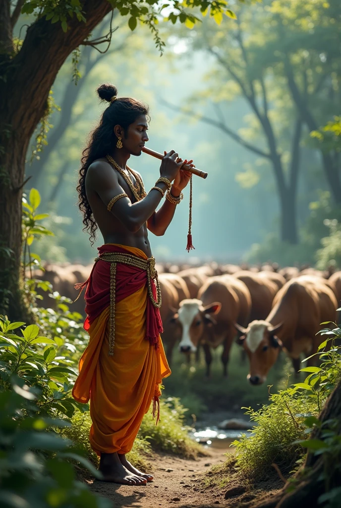 (photorealism:1.2), indian man, handsome , wearing yellow fancy dhoti, standing like indian god krishna, fluet in hand with work of diamonds, zari ki pagdi on head with mor pankh,
White Cow in background, realistic, light blue shade on full body, celebration