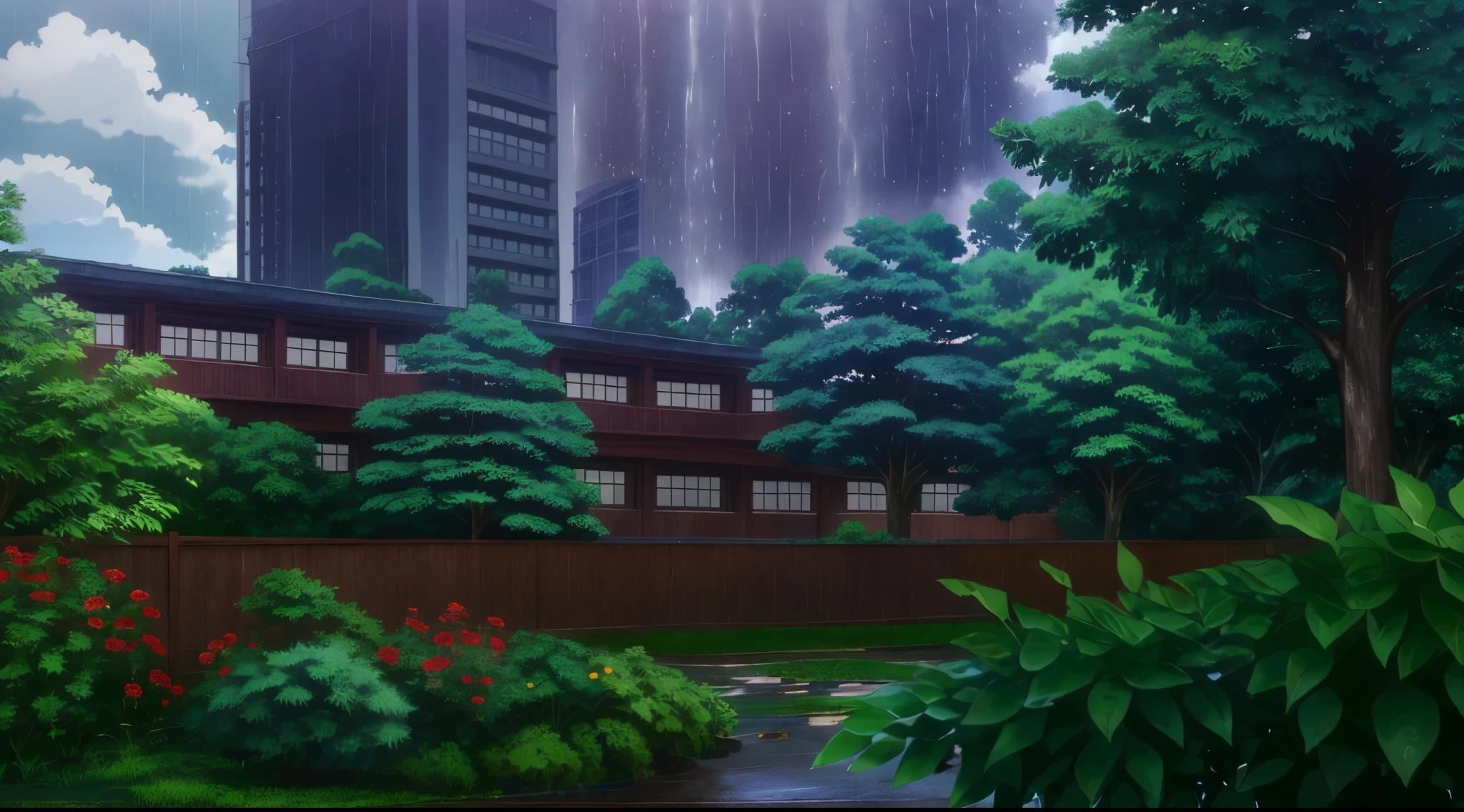 (Rainy sky) (Raindrops Falling) (Afternoon) (Grey Sky)
(80’s Anime) (Classic) (Vintage) (Retro)
1980’s Tokyo Jujutsu High School is a huge broad campus of several buildings build in a traditional Japanese High School architectural style.
The school building is well hidden in the center of Tokyo's City, far and high in the Downtown District. Naturally, there is a big garden where there are a lot of Red lily flowers (Higanbana) around the property to further obscure the location.
(View from the High School)