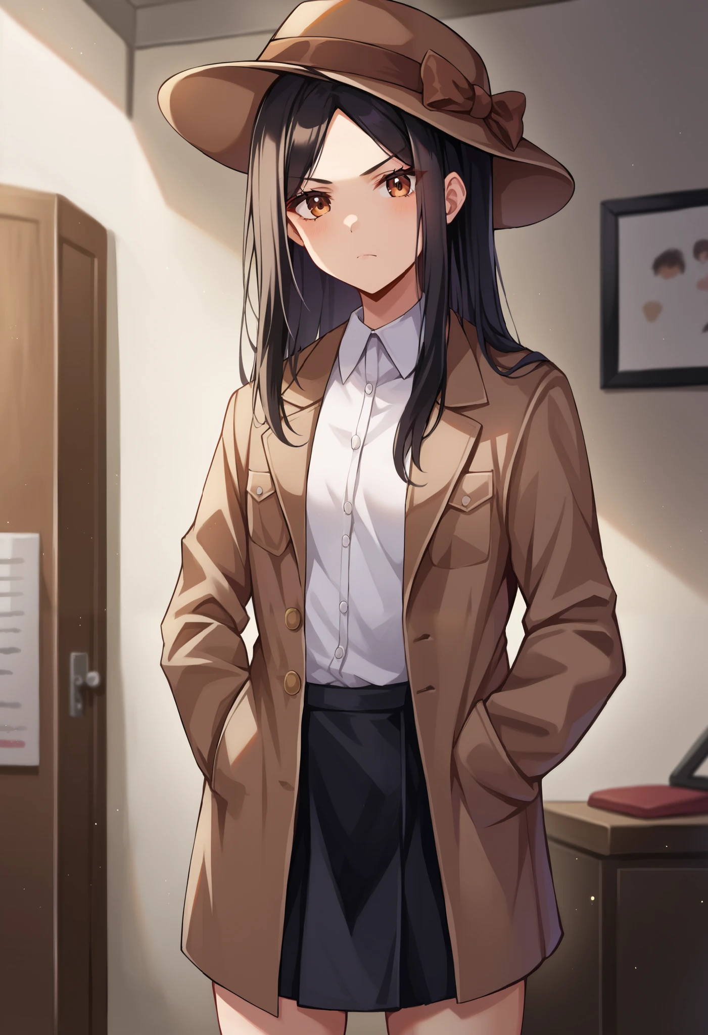 score_9, score_6_up, source_anime, uncensored, cowboy shot, BREAK
1girl, solo, age, medium girl, black hair, long hair, parted bangs, brown eyes, small breasts,
(brown fedora hat, brown coat, white shirt, black skirt),
looking at viewer, serious, closed mouth, hands in pockets, standing, bare legs, BREAK
indoors, club room, noon