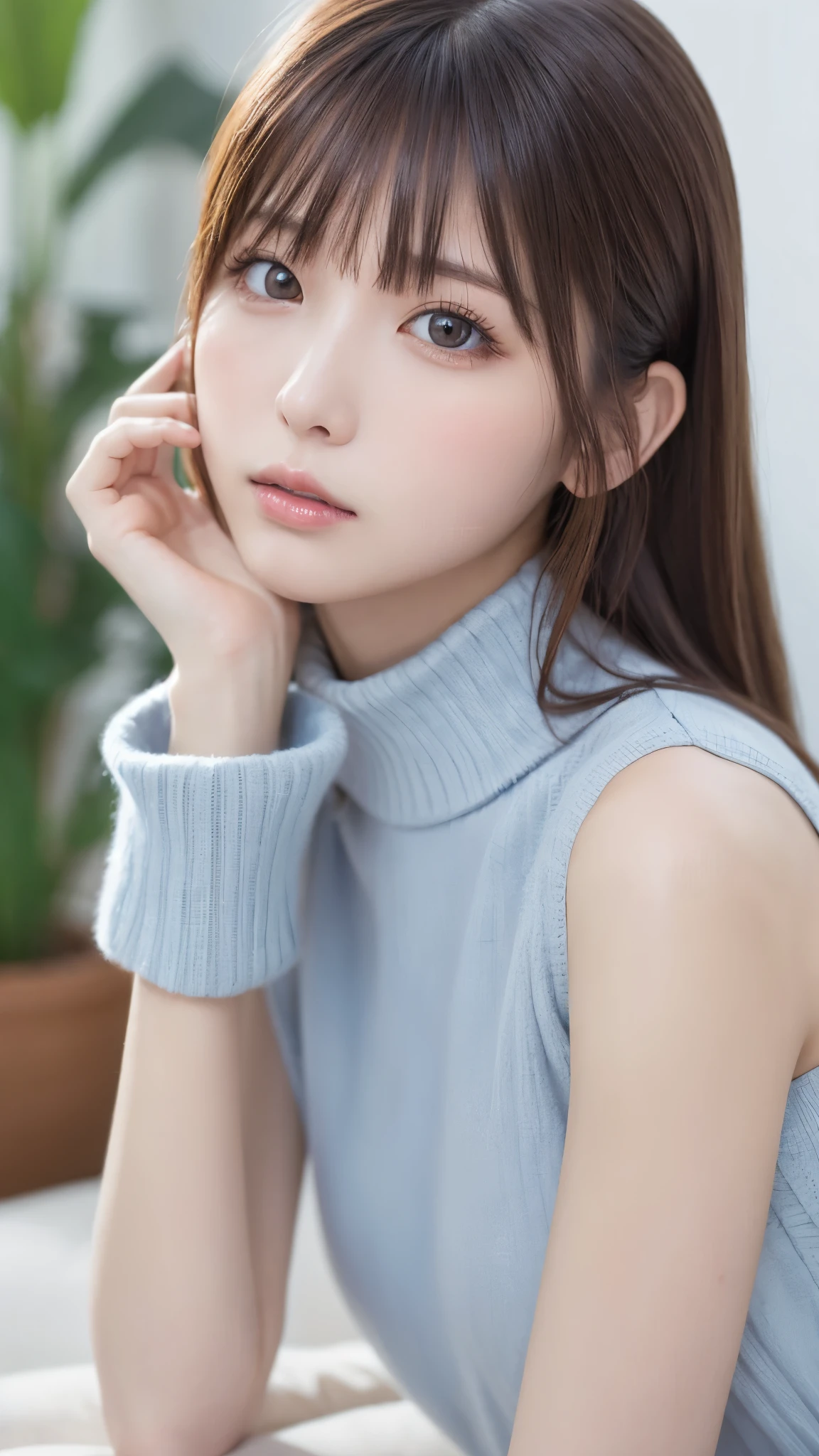 ((masterpiece, best quality , high resolution)), 1 girl , ( realistic: 1.4), Alone, , Closed Her Mouth , A little brown hair, long hair, ponytail, big eyes, transparent double eyelid , eyelash, Listen carefully, Long neck, attractive proportions, shiny skin, golden ratio face , perfect face, bangs, 7:3 bangs, lip gloss, thin lips, blue furry sleeve,