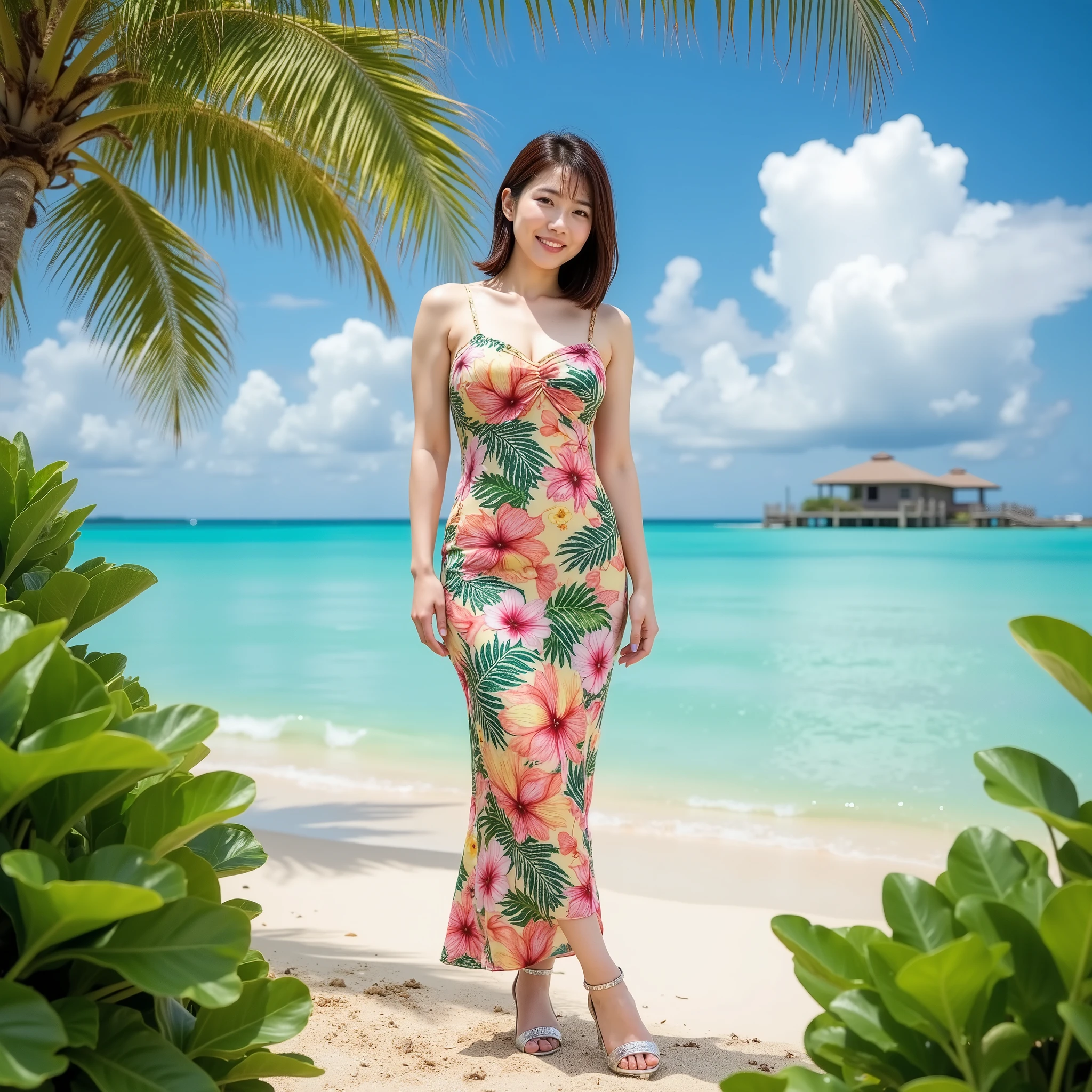 『 1 Japanese girl:1.3』『 real photos:1.3』 best quality :1.2、(( big breasts))、 showing slight cleavage 、(( young woman))、(( have red cheeks ))『 smiling showing teeth :1.9』、((( anatomically correct、 Complete anatomy、 anatomically correct指)))、 realistic,  best quality ,  super high resolution,  RAW photo, (Curvy body)、 realisticな写真, super high resolution, 1 girl,Small face:1.1,smile,Famous Japanese Model , gradient depiction , Maxi Summer Pencil Dress:1.4, Tropical Leaf Print ,silver high heels, Model Poses, detailed face:1.3, beautiful beach, Emerald Green Sea , blue sky