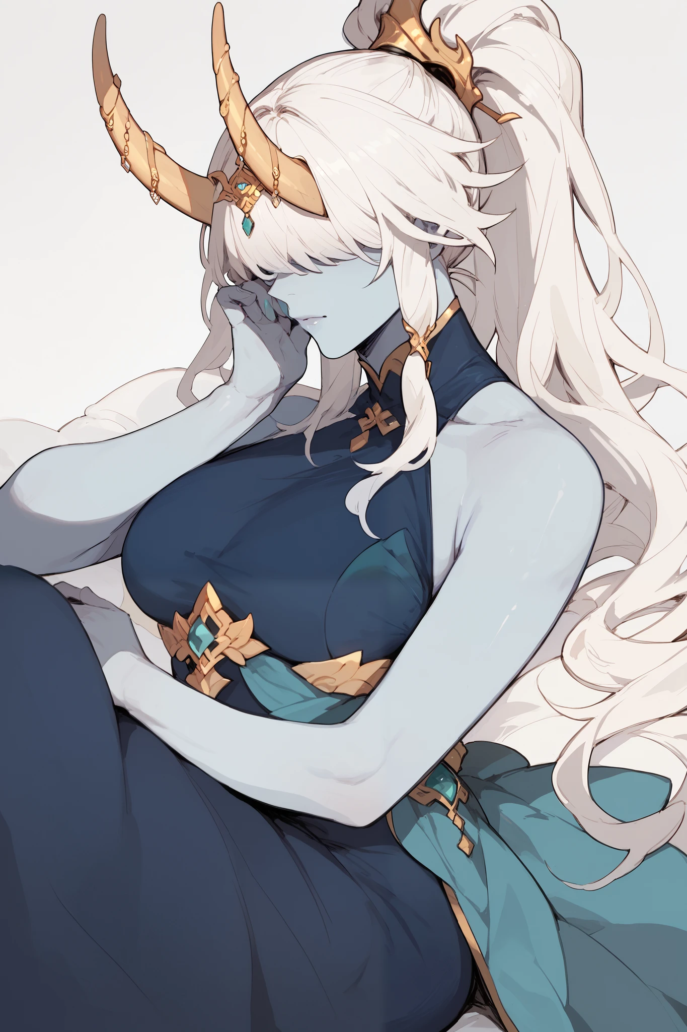 Mature Woman, blue skin, long hair, white hair, bangs, hair covering the eyes, golden horns,Ponytail,Hair jewelry, anime style,Aqua blue dress,