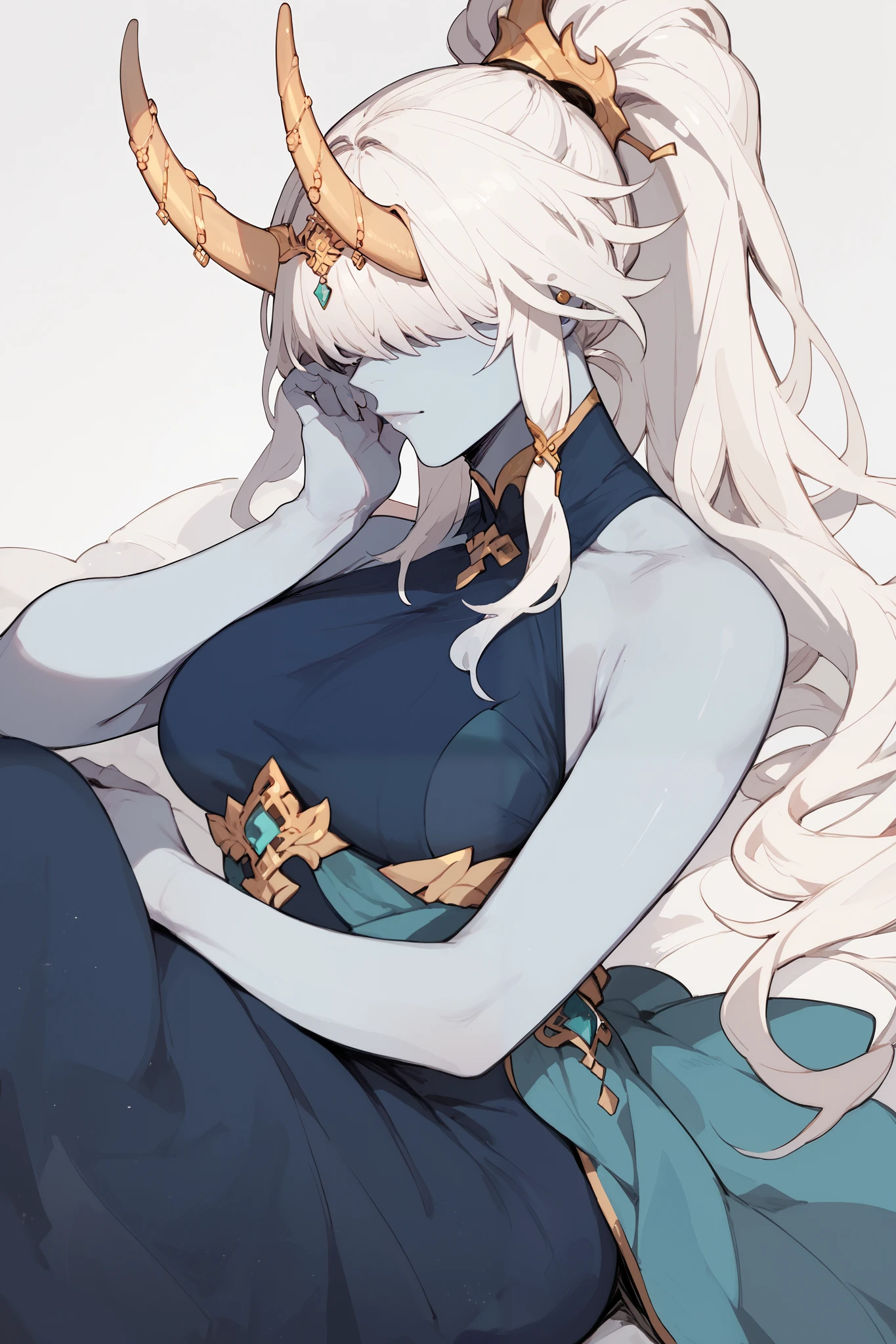 Mature Woman, blue skin, long hair, white hair, bangs, hair covering the eyes, golden horns,Ponytail,Hair jewelry, anime style,Aqua blue dress,