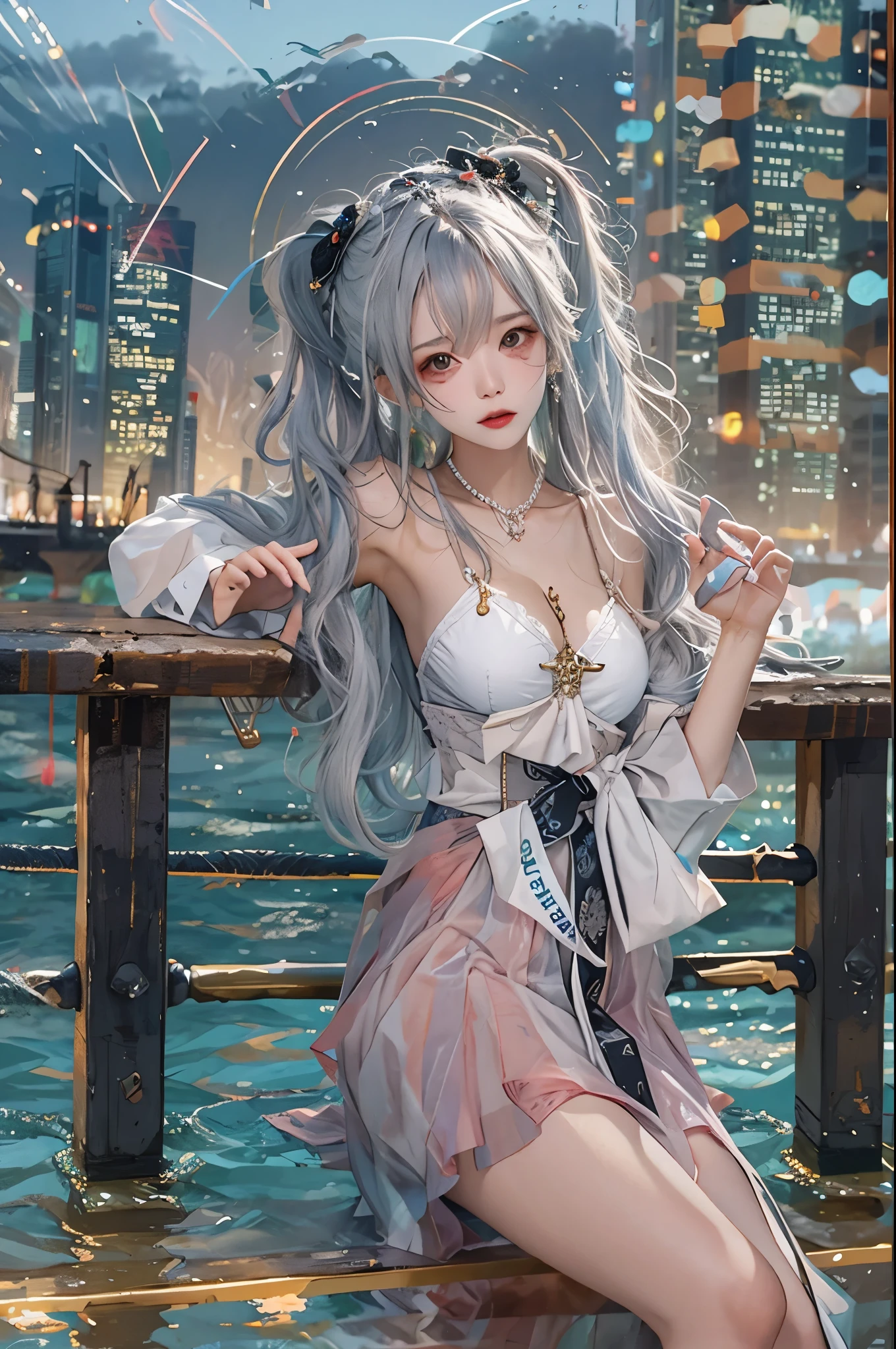 Masterpiece, Best quality, day, Sunset, In the ocean, In the cyberpunk city, Realistic, Huge_filesize, the wallpaper, Girl, Long hair, Light purple hair, Wavy hair, Beautiful detailed eyes, Seductive smile, Medium breasts, shift dresses, Sweater dress, Bare_bshoulders, streaked, frilld, Detached_Sleeves, Miniskirt, Sling bikini, White pantyhose, Hair ribbon, flower ribbon, Hair_flower, neck bowtie, pendant, shackle, crouched, Sitting,