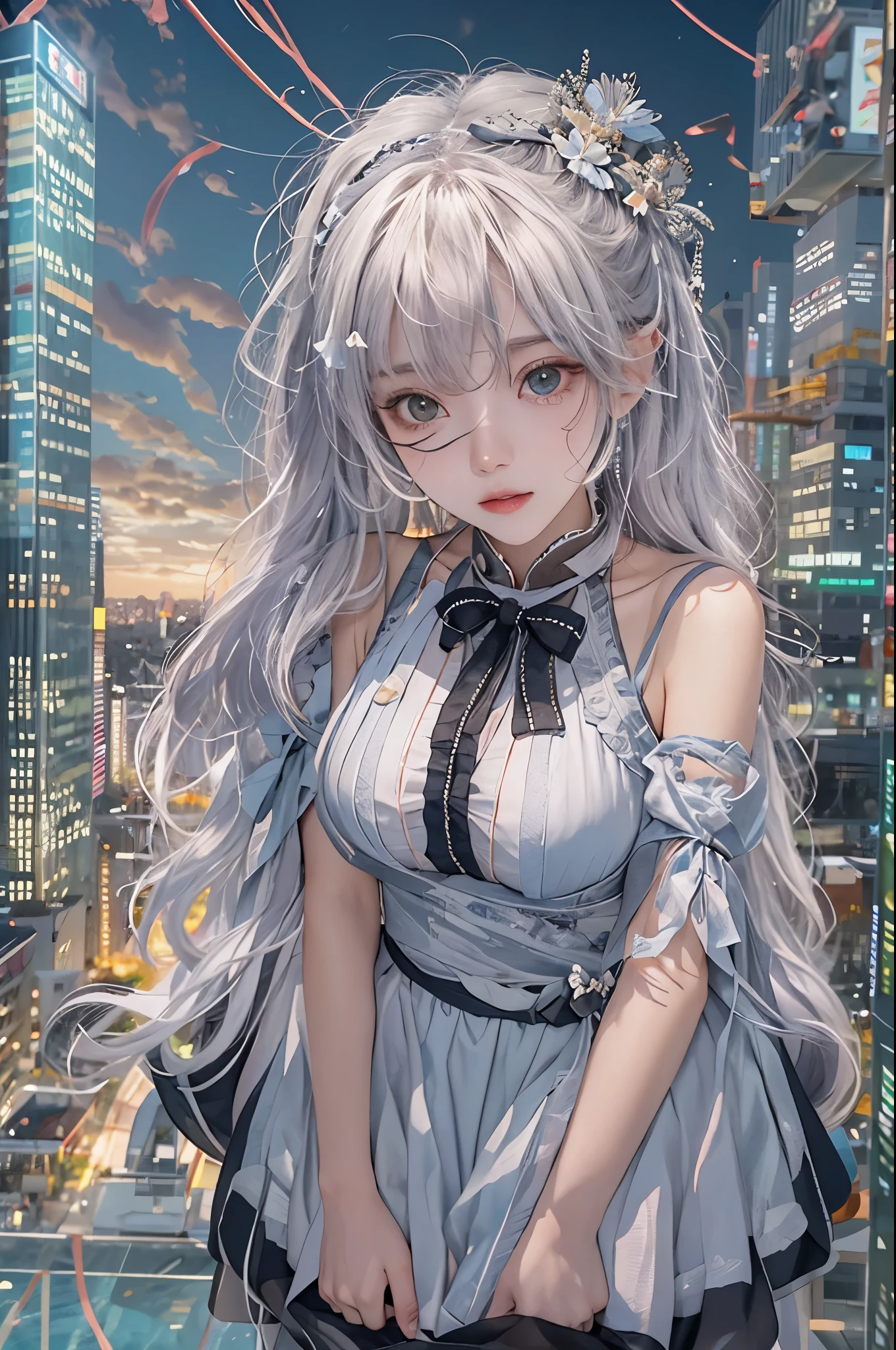 the city that never sleeps、Watercolor Touch、Bleeding、(a woman:1.2) , luminous design, vivit colours,spring lights,Artistic,azure, green,highly detailed giantess shot, long curl silver hair, Giant woman bigger than a skyscraper, huge tit, black pantyhose, I can see my toes through the pantyhose, very small metropolis, Trying to crush a miniature metropolis, Full body depiction, stomping city,crash city,deep depth of field