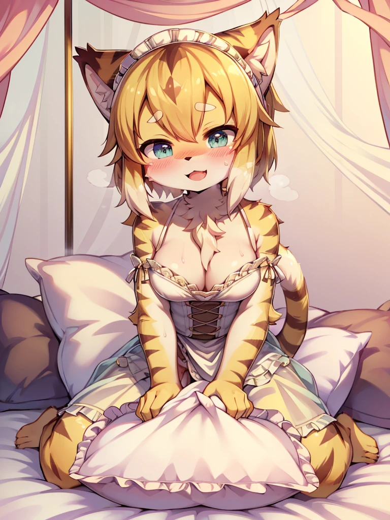 attractive, Large target , Anthropomorphic, Lioness, Innocent, maid outfit, Medium Blonde Bob, Blue clip, Hotel Room, on the bed, Seductive pose, Brown eyes, Pink hearts visible in eyes, Smile, Happy, Wearing a cardigan, shirt, skirt, black and white maid outfit She is. Long curly tail, Cartoon Style, Viewpoint Return, Slightly above her eye level, skirt flipped up to show her hips,