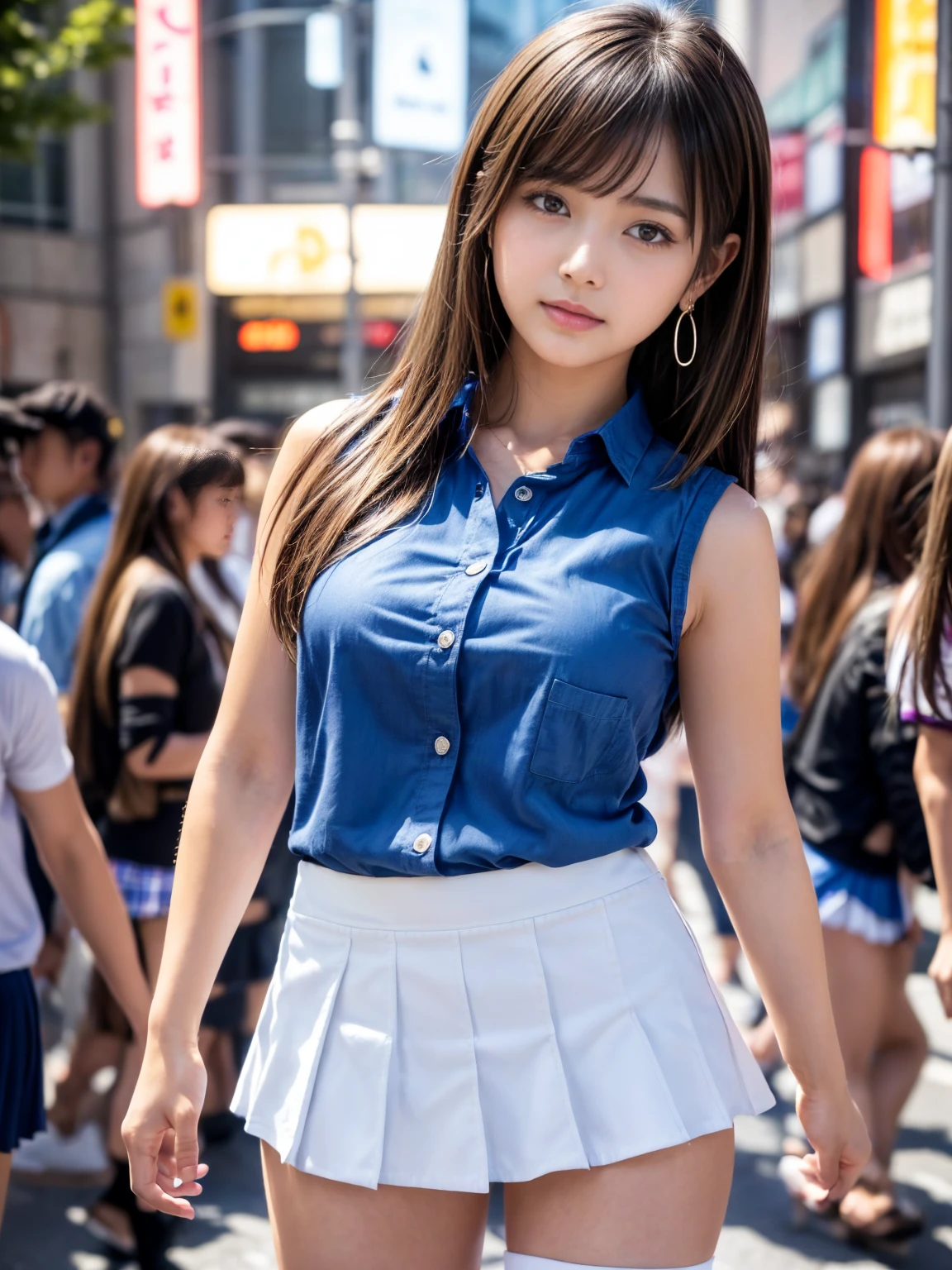 Product quality,1 girl,Cowboy Shot,Front view,(Thigh Emphasis:1.5),Young and sexy Japanese girl,20-year-old,Harajuku,(Crowded street:1.4),Snazzy(Blue:1.5),shirt,wear,(Snazzyバッグ:1.3),Fashionable necklaces,Snazzyイヤリング,((White super short micro pleated mini skirt:1.5)),wear,Very cute face,Glossy Lips,Double eyelids on both eyes,(Natural Makeup),shiny smooth light brown long hair,,,Asymmetrical bangs,Center image,8k resolution,Attention to detail,Detailed hairstyle,Detailed face,Cinema Lighting,Octane Rendering,Ultra-realistic,Perfect limbs,(Detailed fingers:1.5),Beautiful legs,Voluptuous thighs,Huge breasts,Perfect Anatomy,(Model pose:1.3)