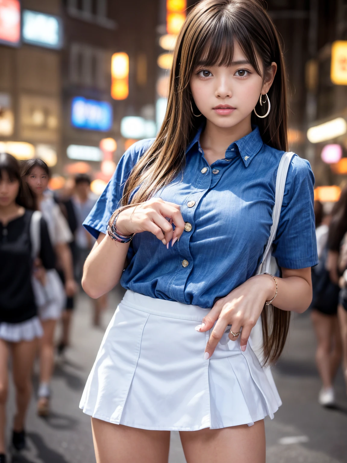 Ultra top quality, masterpiece, ultra high resolution, depth of field, depth of subject, (photorealistic: 1.4), (dramatic, award-winning photography, incredible masterpiece: 1.3), RAW photos, golden ratio, highly detailed CG Unity 8k wallpaper, detailed and complex, incredibly absurd, original, high resolution, raw photos, (perfect body shape), finely complex, DSLR, Soft Lighting, High Quality, Film Grain, Background Blur, Fujifilm XT3, 50mm Lens, Backlit, HDR, Hyperrealistic, Color Grade, Dynamic Pose, Portrait, Japan People, Smile, Lips, Bangs, (Crowded Akihabara: 1.2), Front View Viewer, Natural Light, Girl, 21 years old, Full Body, Solo, Student, High School, Uniform, Cute High School Girl, Japan school uniform, girl in uniform, bobby socks, skirt, daytime, on the street, deep shadow, cute, beauty, discreet, cold light 12000K\Street, store status, Akihabara, Shinjuku, Shibuya, Ikebukuro, detailed realistic, skin texture, super detailed, realistic skin texture